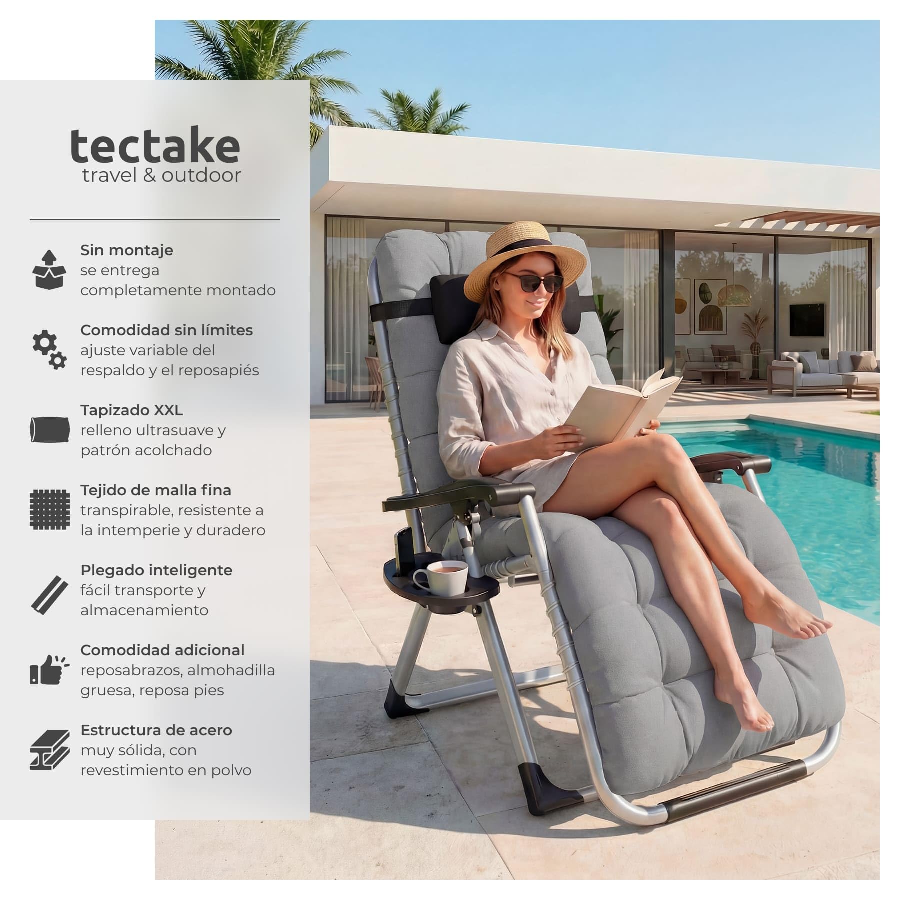 tectake® Silla Tumbona Plegable para Playa y Jardín, Cojín Cabezal Extraíble, Estructura de Acero, Mesa Auxiliar, Ideal para Camping y Picnic, Silla Exterior Terraza - 1 Tumbona Gris Claro