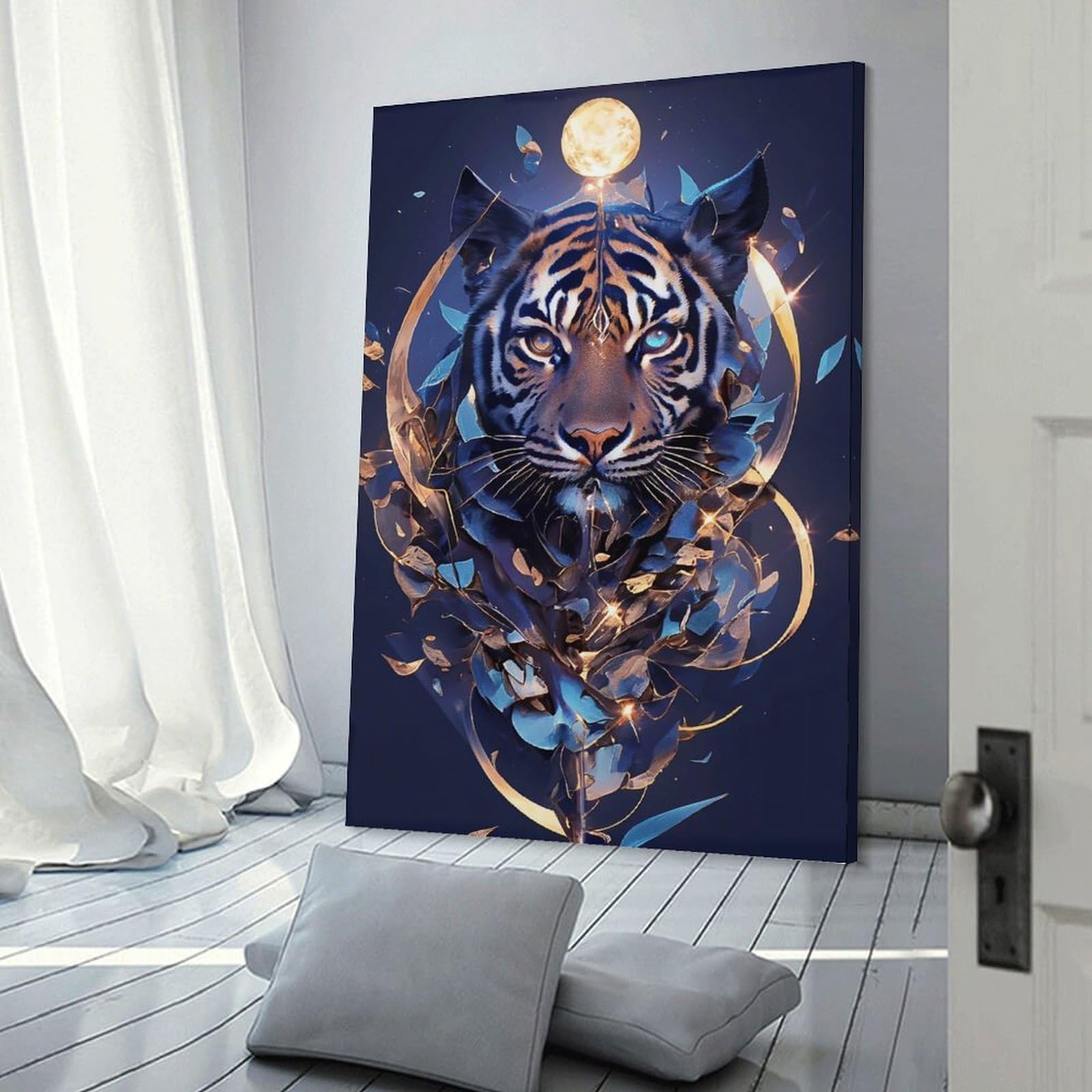 Junmoney Wall Art Print Abstract Tiger with Moon, 20x30inch(50x75cm), for Home Lounge, Bedroom Or Reading Nook, Modern Wall Decor for Cosy Interiors