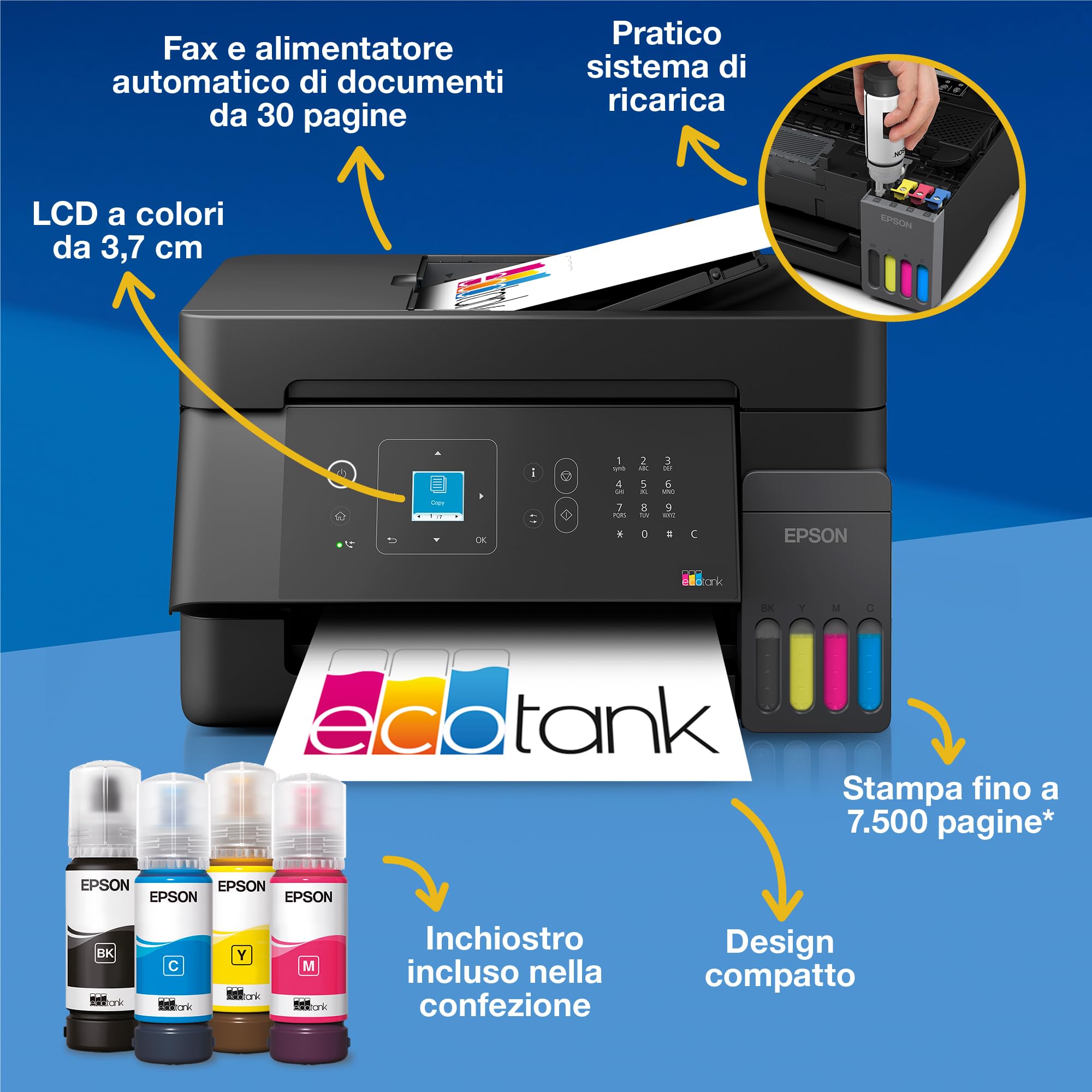 Epson EcoTank ET-4900 | Wi-Fi ed Ethernet | A4 | Stampa, copia, scansione, fax | Display LCD | Alimentatore automatico di documenti da 30 pagine | Compatta | Fino a 3 anni di inchiostro inclusi
