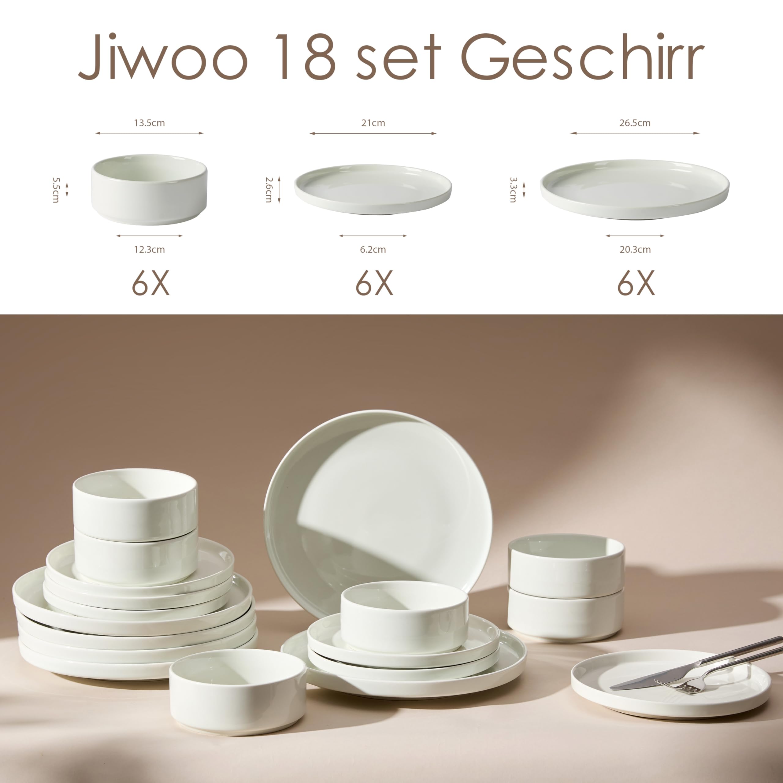 Jiwoo Geschirr Set & Tafelservice 18 TLG für 6 Personen, Modern Bone China | Mit Speise-, Desserttellern & Müslischalen – platzsparend stapelbar, mikrowellen- & spülmaschinengeeignet