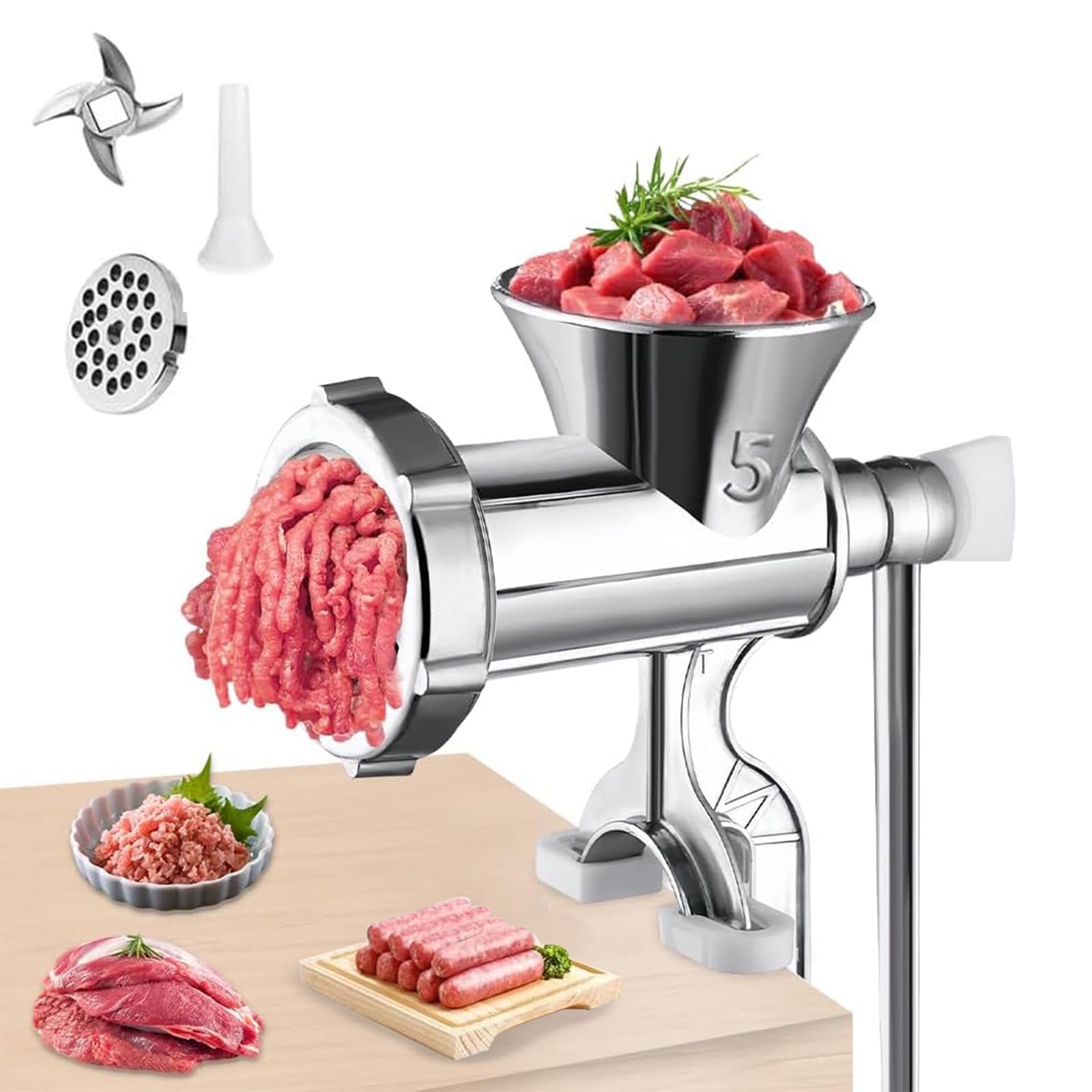 3-in-1 Sausage Filling Machine & Manual Meat Grinder Meat Mincer with Table Clamp – Multi Functional Manual Stainless Steel Meat Grinder for Home Use Sausage Stuffer Kit for Meat Nuts Vegetables