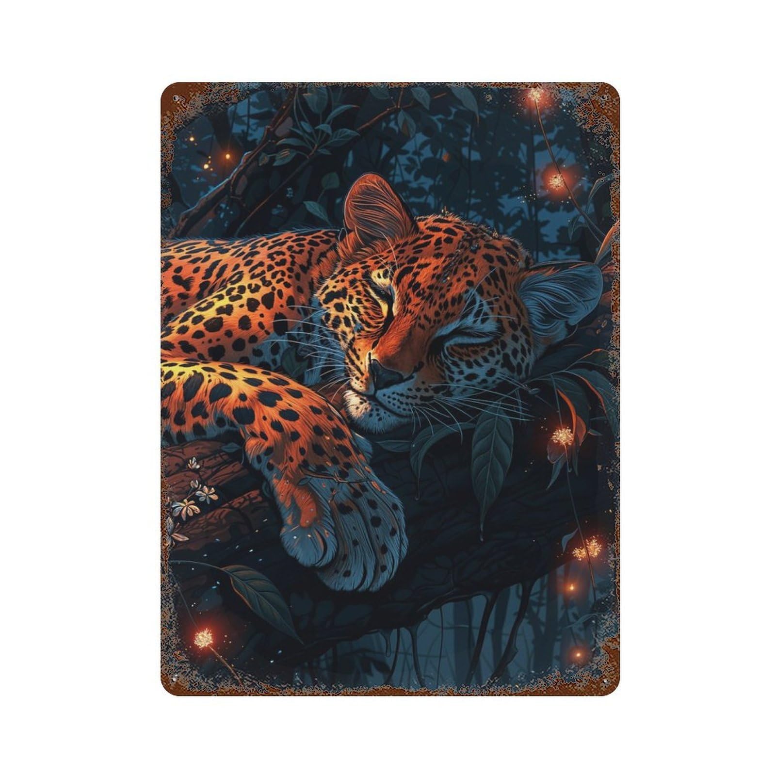Sleeping Leopard in Jungle 15.7"x11.8" Rustic Tin Plaque, Farmhouse Wall Decor for Basement, Hobby Room And Garage Decor
