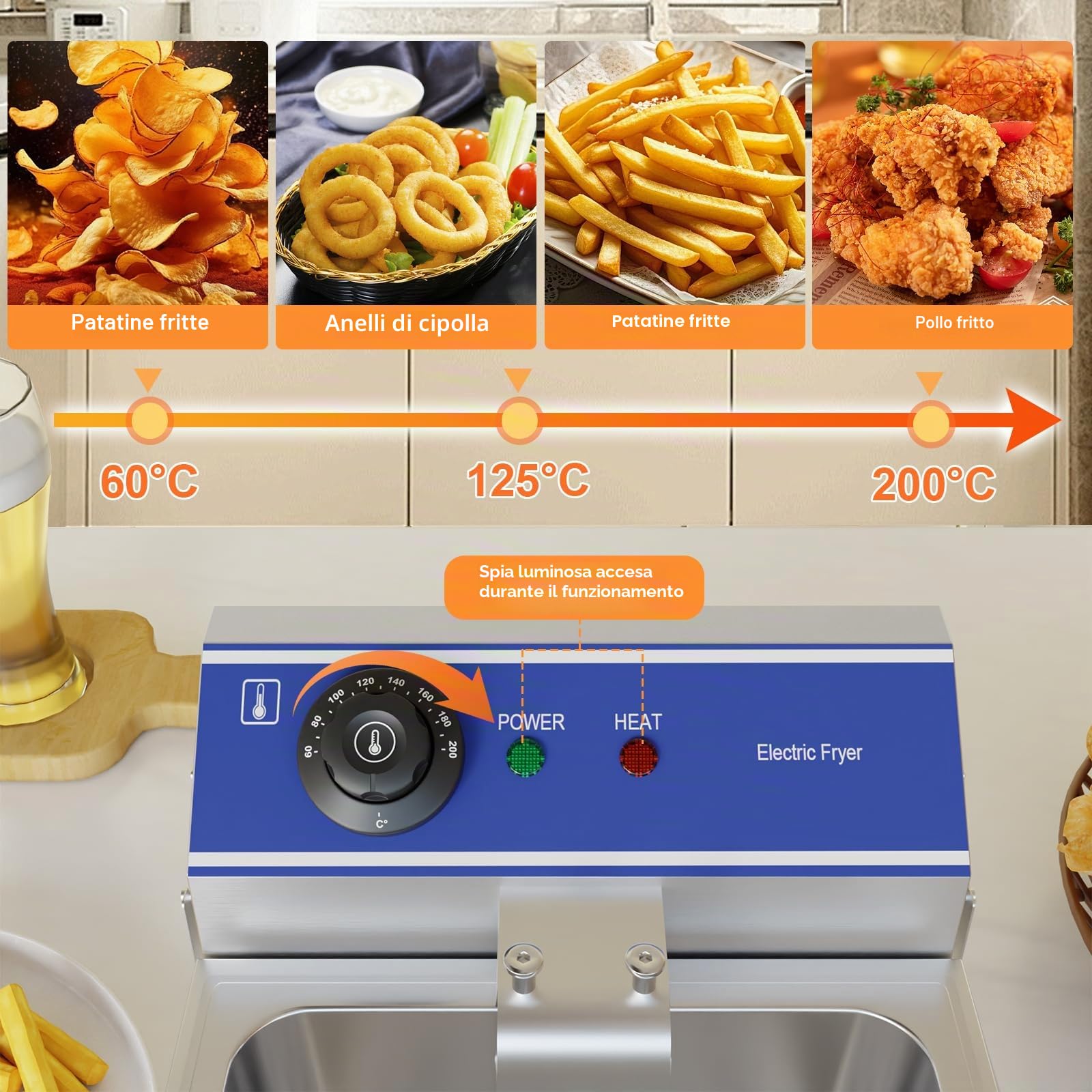 Taimiko Friggitrice Professionale Friggitrice Elettrica Commerciale Unica Serbatoio In Acciaio Inox 3000W 220V-240V Termostato 60-200°C (6L)
