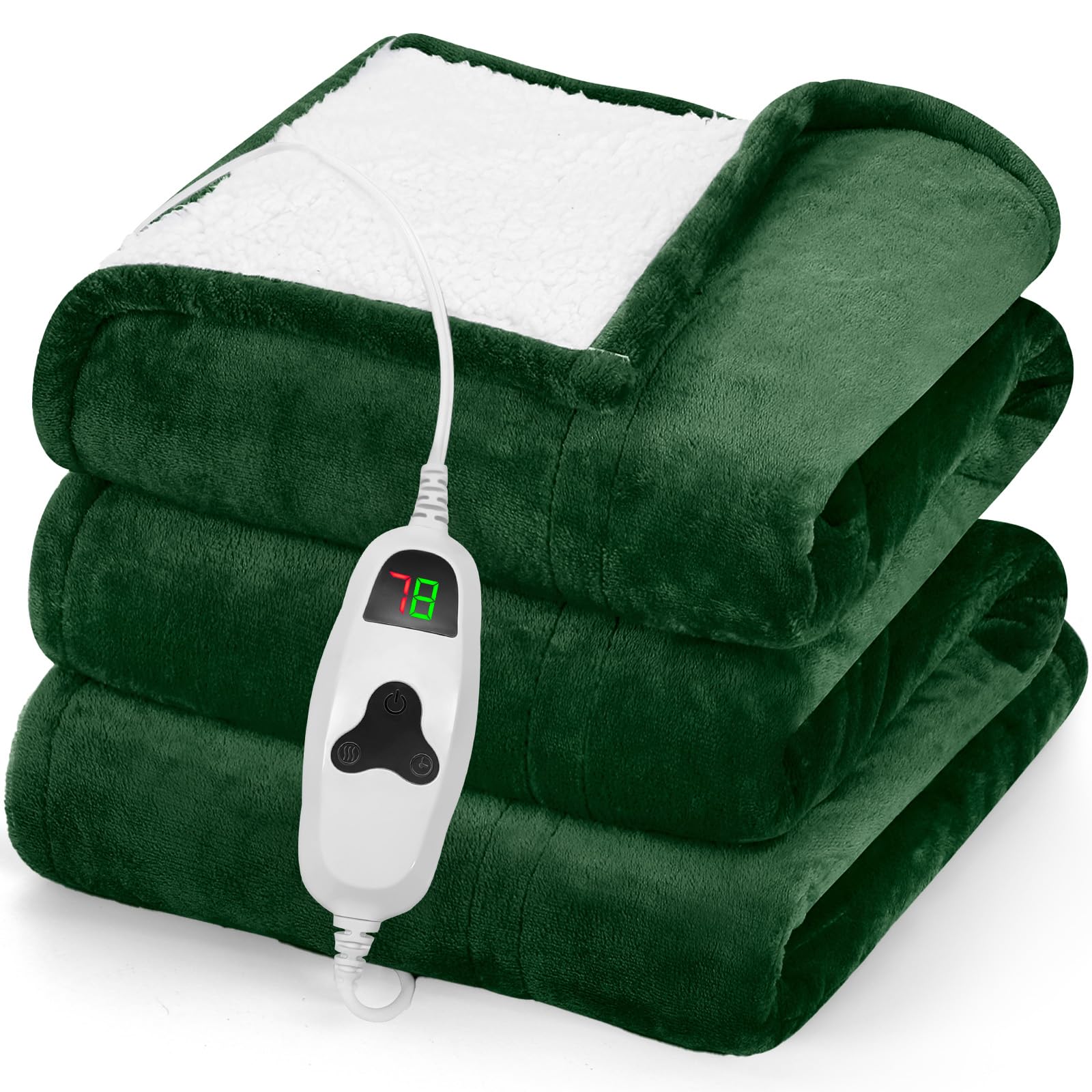 greenoak Heated Blanket Electric Throw 50"X60", Heating Blankets with 10 Heat Levels 8 Hours Auto-Off, Soft Flannel Sherpa Fluffy House Warming Gifts for Grandma Seniors Momt,Jade Green