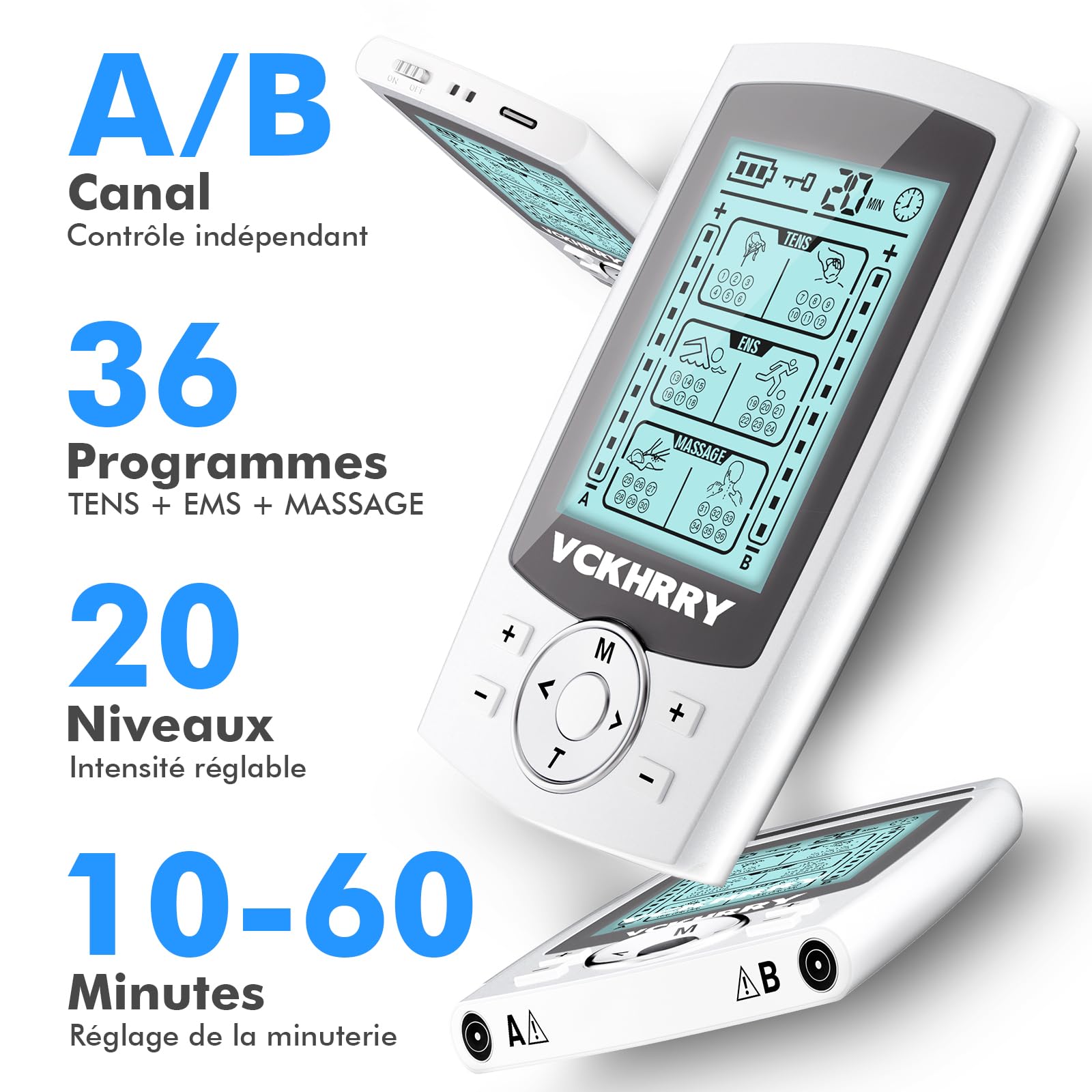 3 EN 1 TENS EMS Électrostimulateur Musculaire pour le soulagement de la douleur, la stimulation musculaire, avec 2 Canaux Indépendant, 36 Programmes de Massage, 10 électrodes