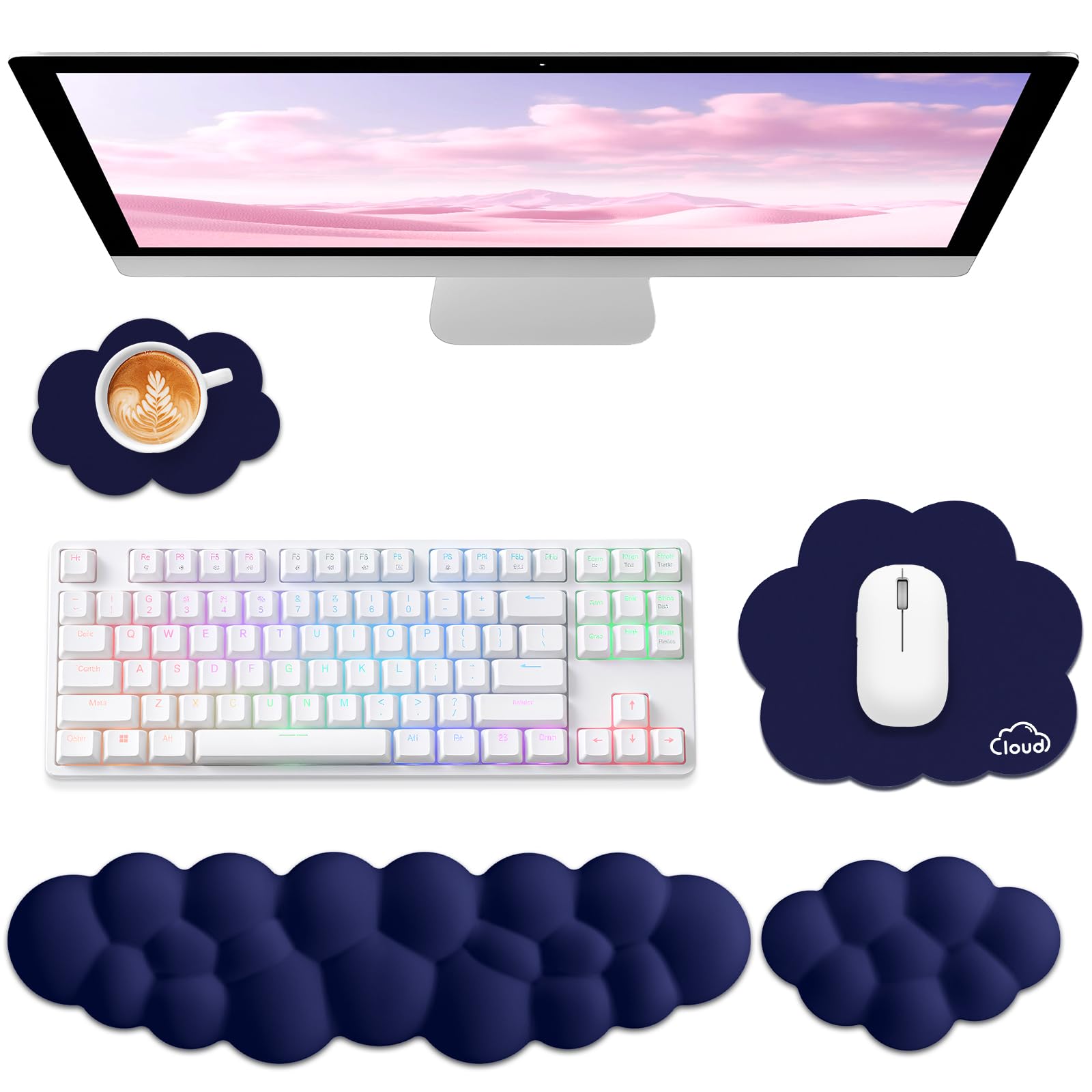 Sushret Cloud Wrist Rest for Computer Keyboard, 4-in-1 Memory Foam Leather Cloud Keyboard Wrist Rest and Mouse Pad Set with Ergonomic Support for Arm and Palm Cushion, Gaming/Work Setup, Dark Blue