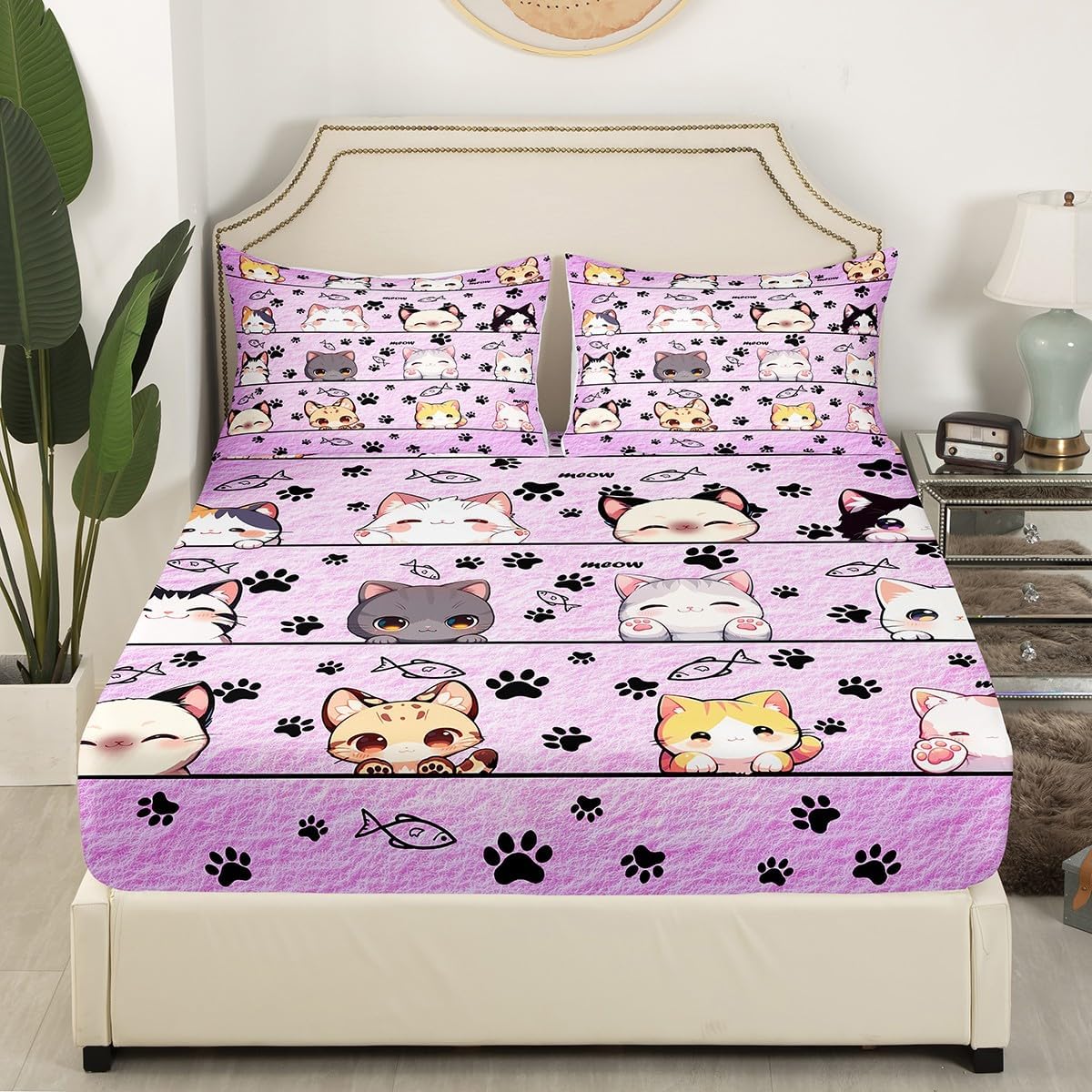 Cartoon Cat Bed Sheet Set for Kids,Kitten Kitty Pet Purple Sheets Set,Cute Animals Home Decor Sheet Sets with Deep Pocket,Top Flat Sheet,Twin Size