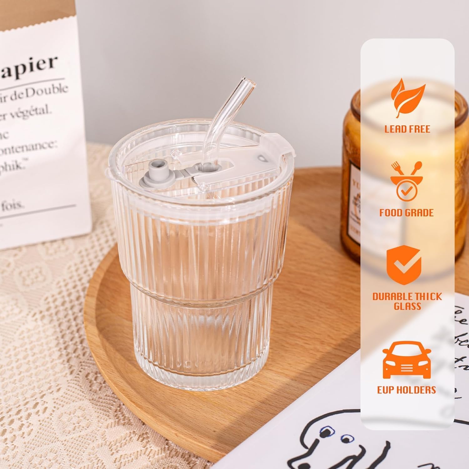 13oz/400ML Glass Tumbler with Straw and Lid Ribbed Vertical Ice Coffee Cups Sealed Carry on for Coffee Iced Tea, Thick Wall Glassware Tumbler Water Glass (1) - Image 3