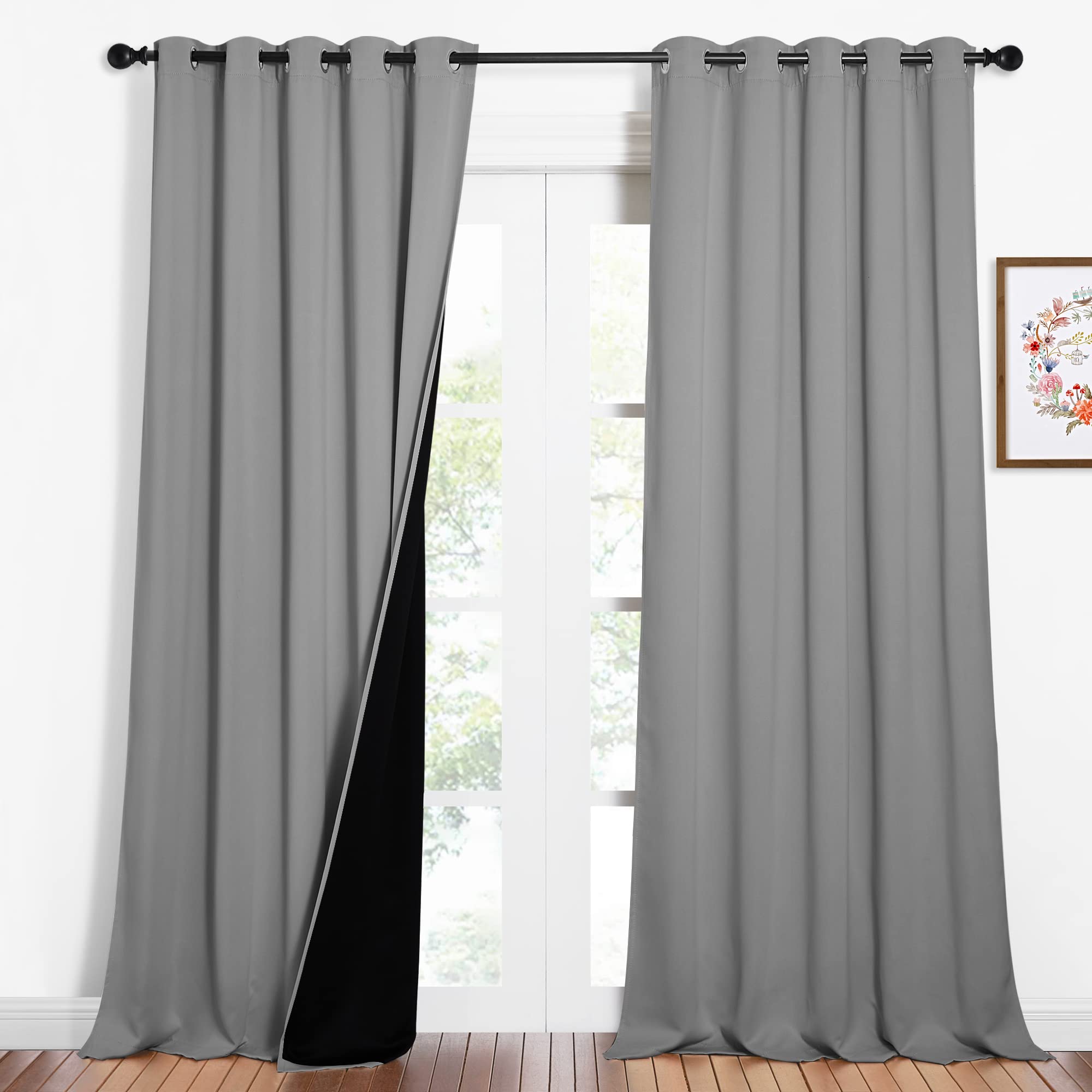 NICETOWN Total Shade Curtains and Draperies, Heavy-Duty Full Light Shading Drapes with Black Liner Backing for Villa/Hall/Dorm Window?Silver Grey, Package of 2 Panels, 62 inches Wide x 95 inches Long
