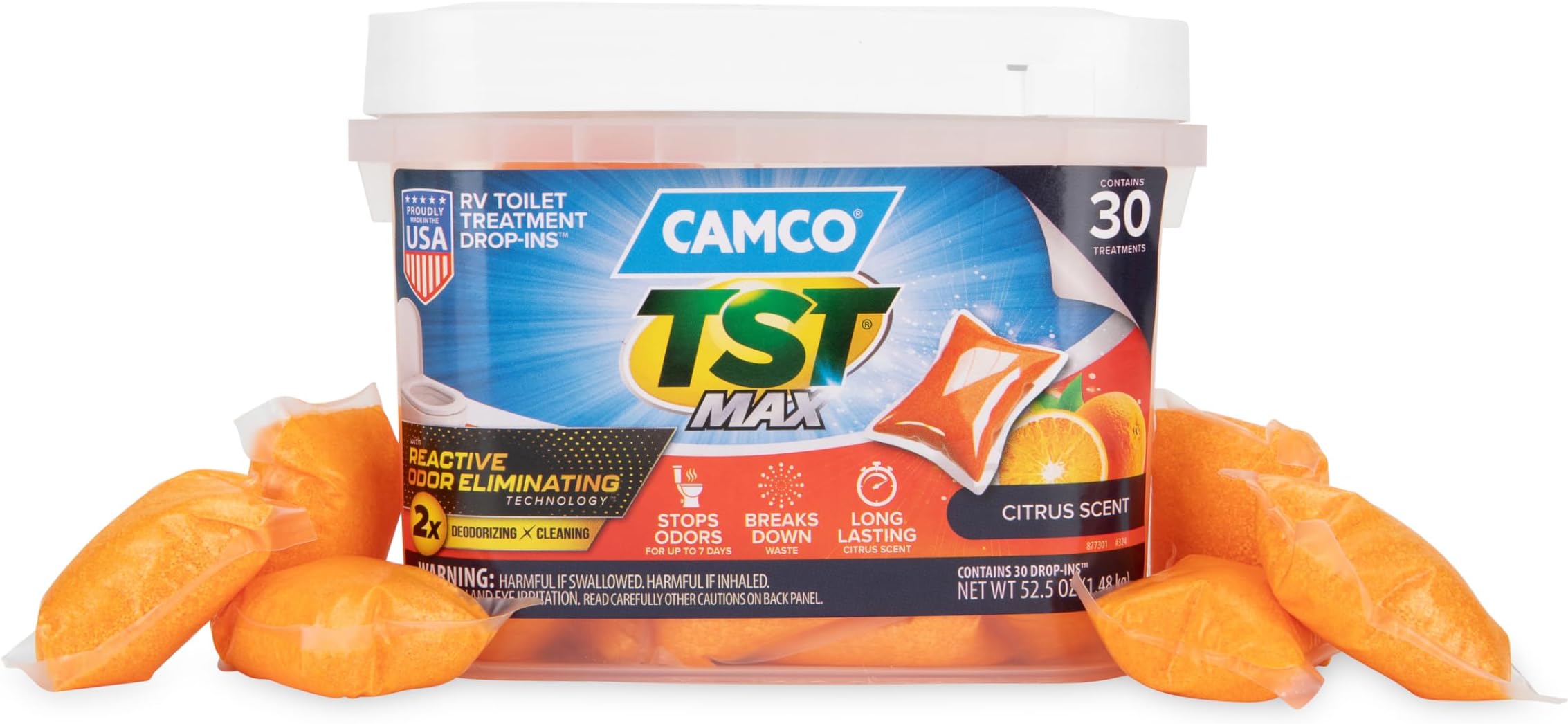 Camco TST MAX Camper/RV Toilet Treatment Drop-INs - Control Unwanted Odors & Break Down Waste and Tissue - Safe Septic Tank Treatment - Orange Scent, 30-Pack (41183)