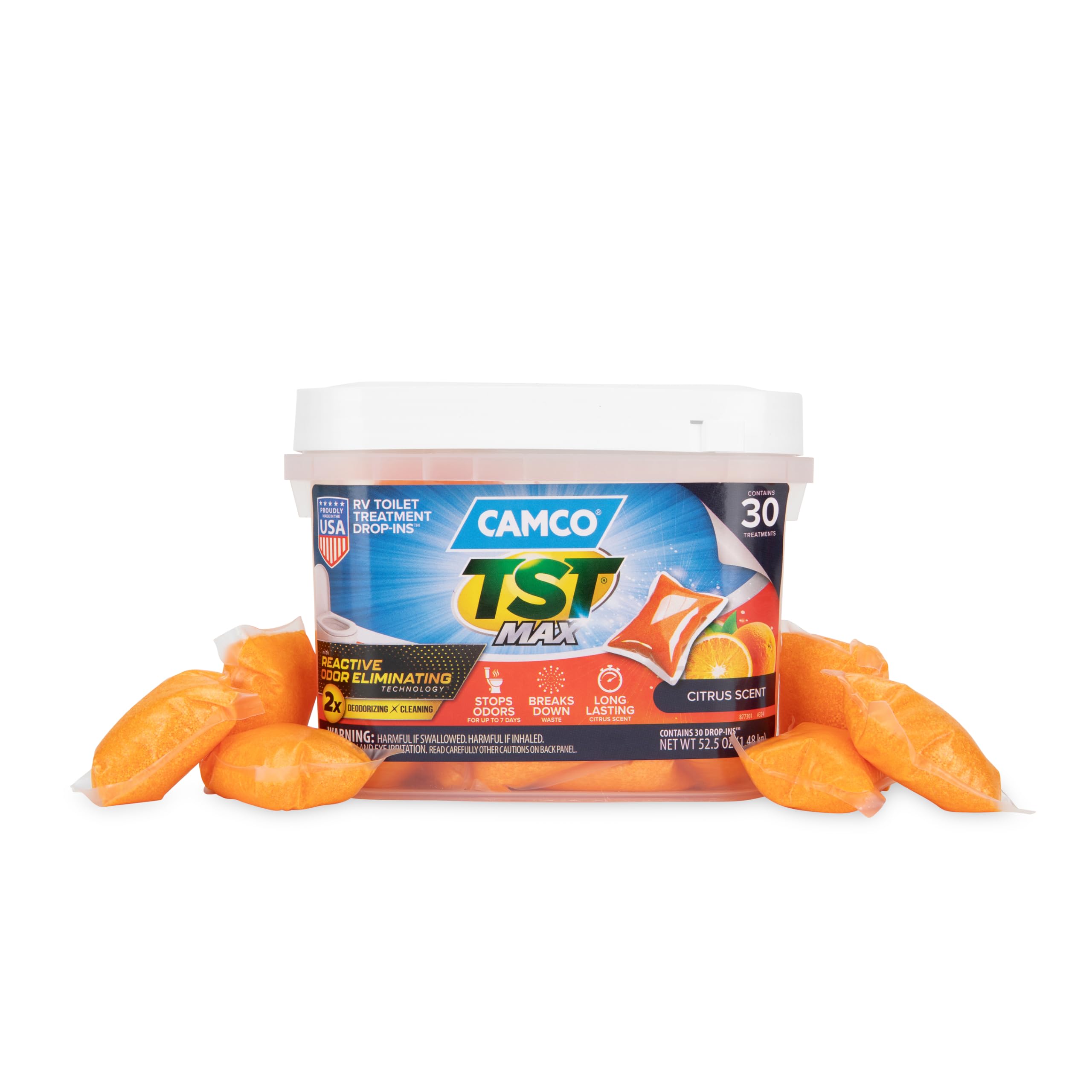 Camco TST MAX RV Toilet Treatment Drop-INs - Control Unwanted Odors & Break Down Waste and Tissue - Safe Septic Tank Treatment - Orange Scent, 30-Pack (41183)