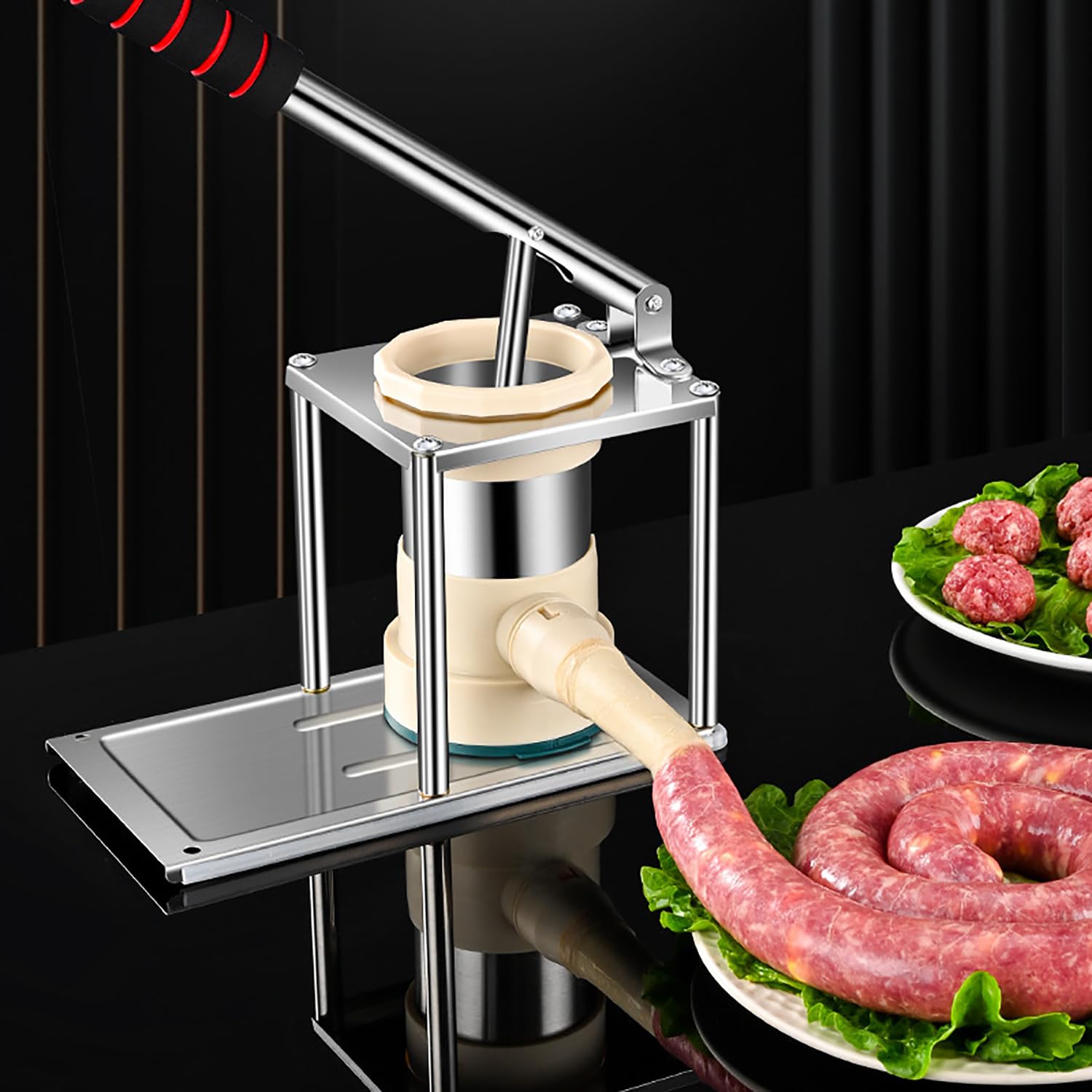 XQKXHZ Sausage Stuffer, Stainless Steel Manual Homemade Sausage Maker, with 5 Stuffing Tubes, Used to make sausages of different sizes Suitable for family gatherings and barbecues