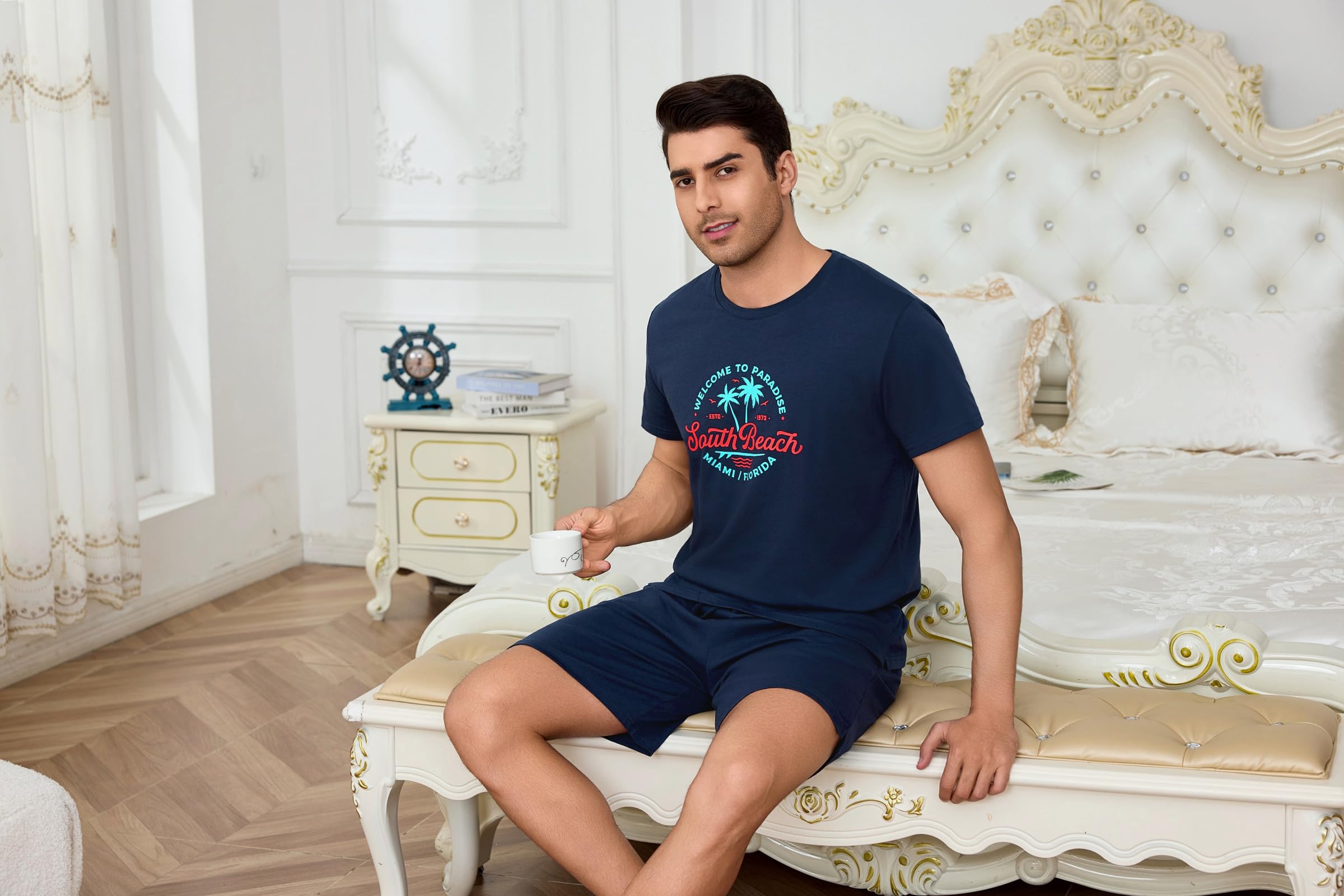 Bresdk Pijama Hombre Verano Corto Cuello Redondo Pijamas Algodón Estampado de Letras Camiseta Manga Corta y Pantalones Cortos 2 Piezas