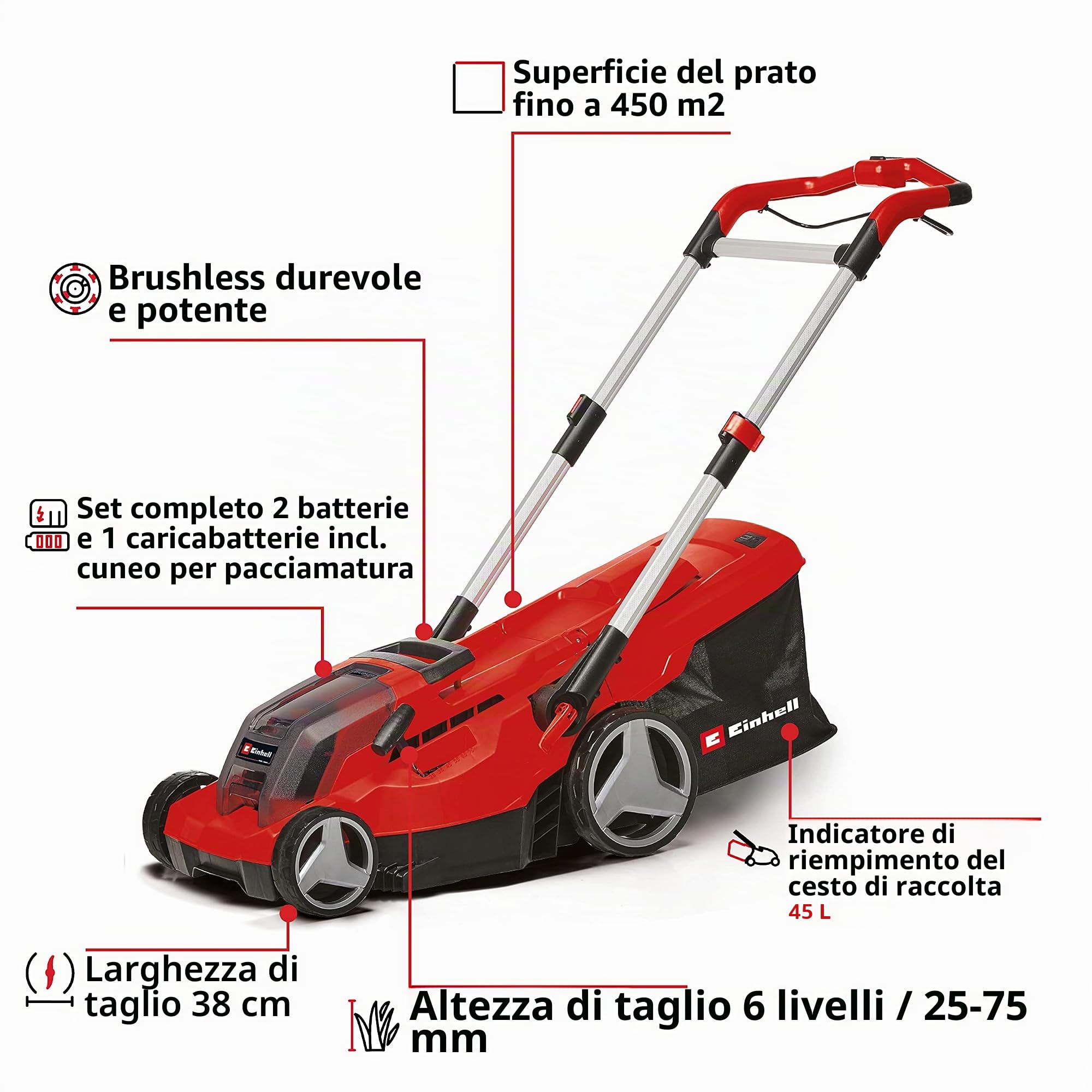 Einhell Tosaerba a batteria GP-CM 36/450 Kit Power X-Change (36 V, 38 cm di larghezza di taglio, 450 m², brushless, funzione pacciamatura, sacco da 45 l, con 2 batterie da 4,0 Ah + caricatore doppio)