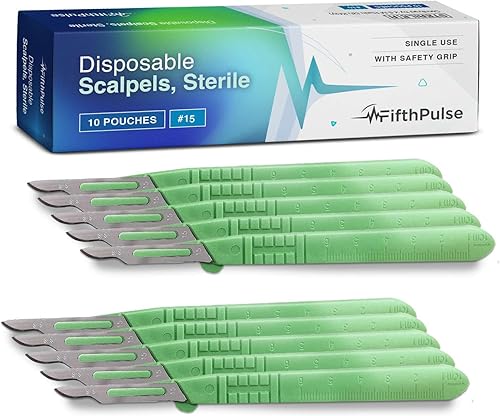 FifthPulse Cuchillo de bisturí quirúrgico desechable #15 Diez cuchillas de bisturí estériles envueltas individualmente Bisturí de hoja quirúrgica