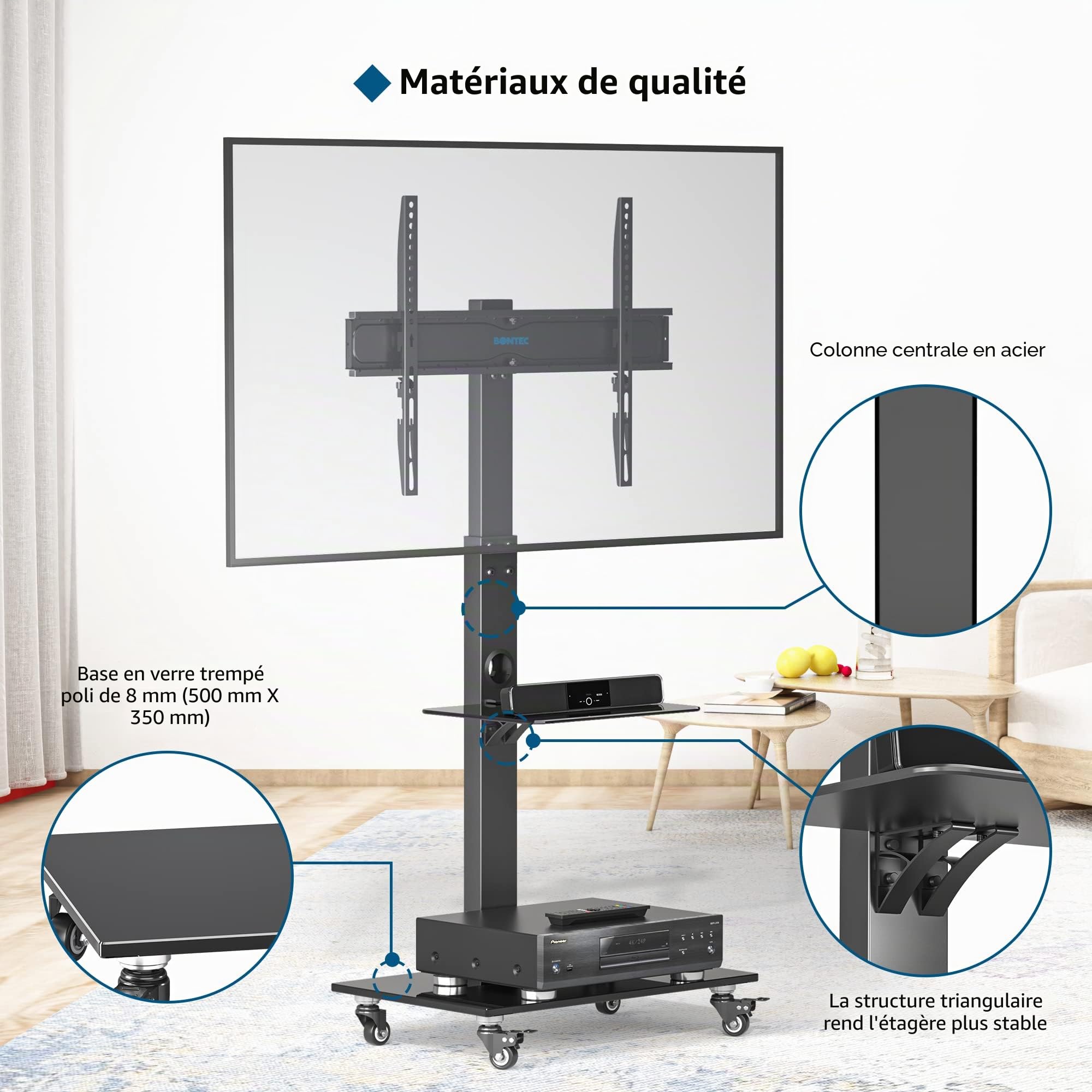 BONTEC Support TV roulettes Support Tele Mobile pour Téléviseurs Plasma/LCD/LED de 30 à 70 Pouces jusqu'à 40 kg, 6 réglages de Hauteur avec étagères en Verre trempé à 2 Niveaux, Max VESA 600x400 mm