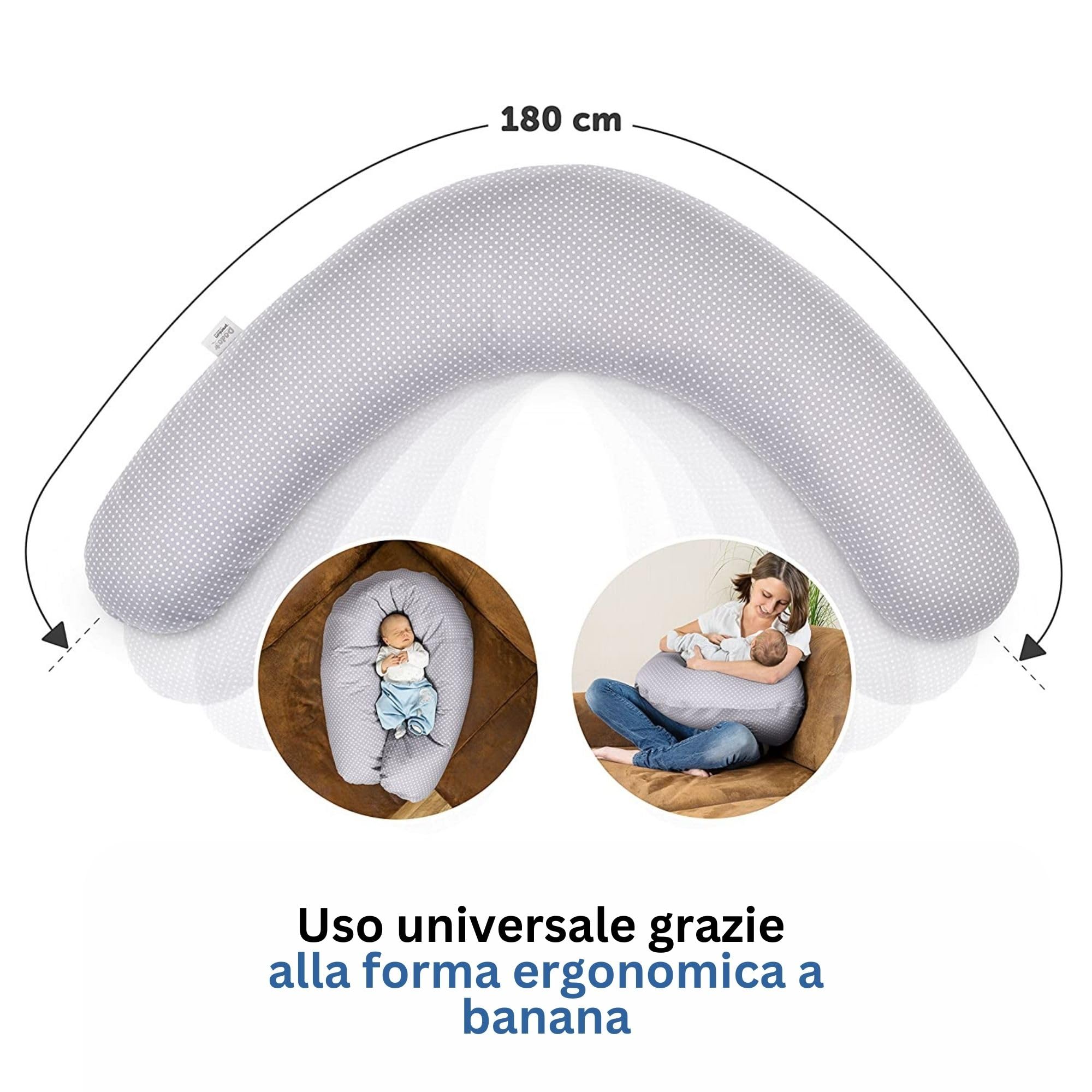 Theraline - Cuscino Allattamento e Gravidanza 180 cm, fodera 100% cotone. Imbottitura in Perle EPS, Testato, Lavabile in Lavatrice - (Grigio Pois)