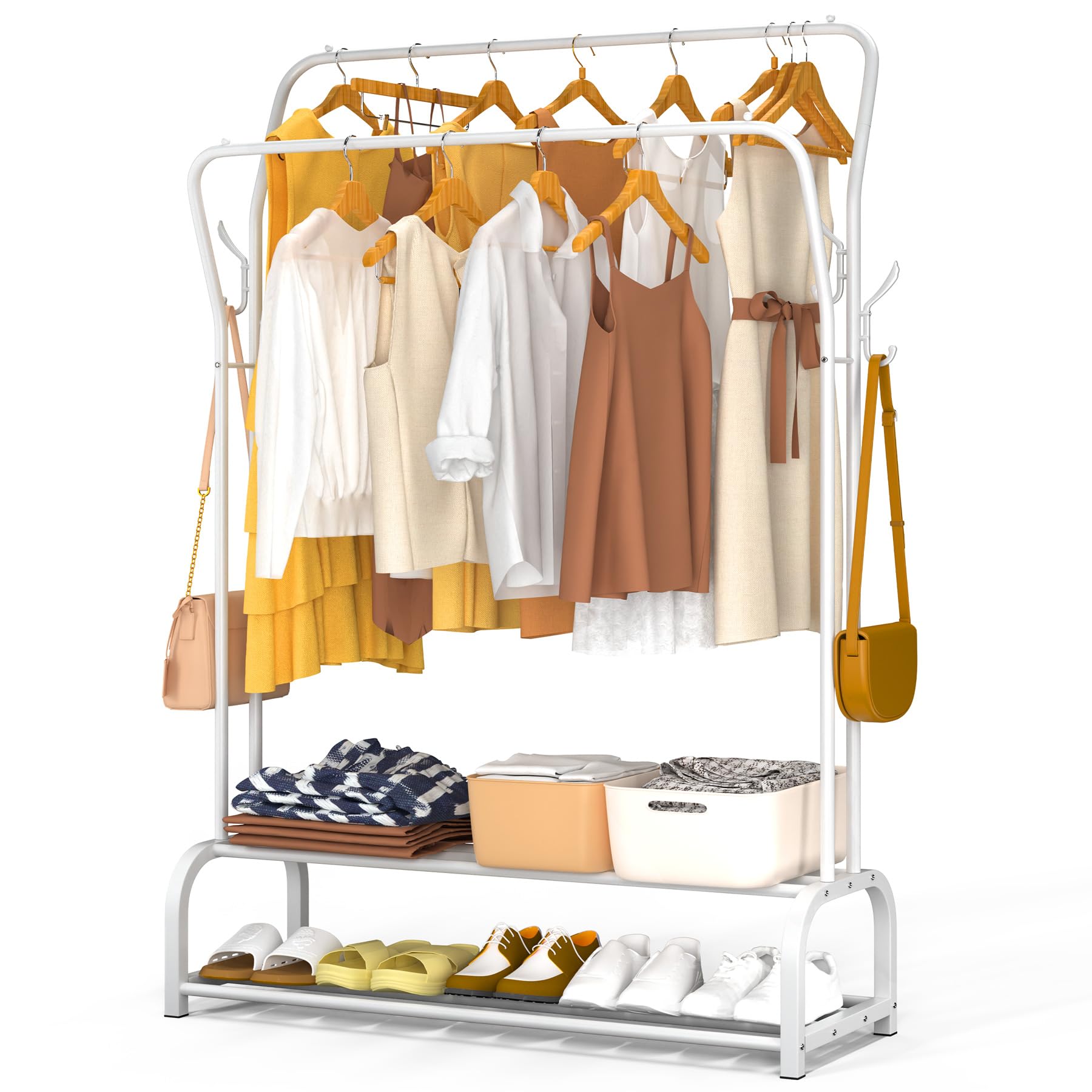 VOUNOT® Clothes Rail with Double Shoe Shelves and 4 Side Hooks, Metal Open Wardrobe, Heavy Duty Clothing Rack for Bedroom, Dressing Room, and Hallway, 110x35x146cm, White — image 1