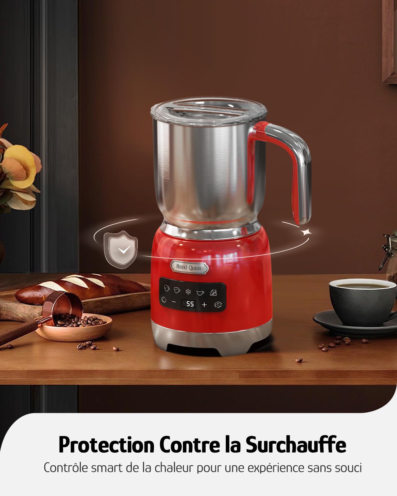 Hazel Quinn Mousseur à Lait Électrique en Acier Inoxydable, Multifonctionnel 5 en 1, Chauffe Lait Électrique, Machine à Chocolat Chaud, Contrôle Tactile LED, pour le Cappuccino, 400 ML, Rouge Rubis