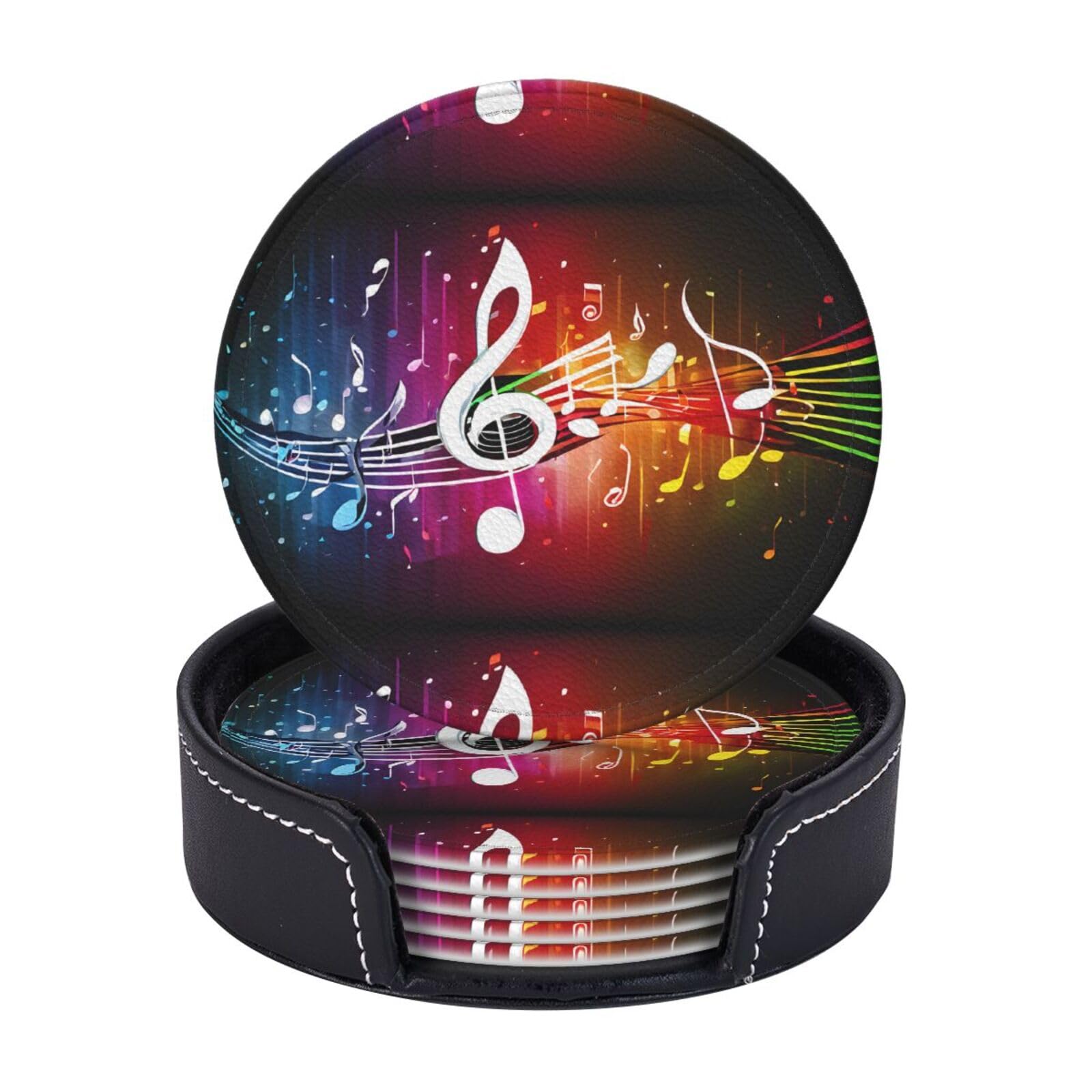 Coasters Set of 6 Microfiber PU leather Coasters with Holders for Drinks Coffee Bar Accessories, House Apartment Coffee Table Decor, Housewarming Gifts - Music Note