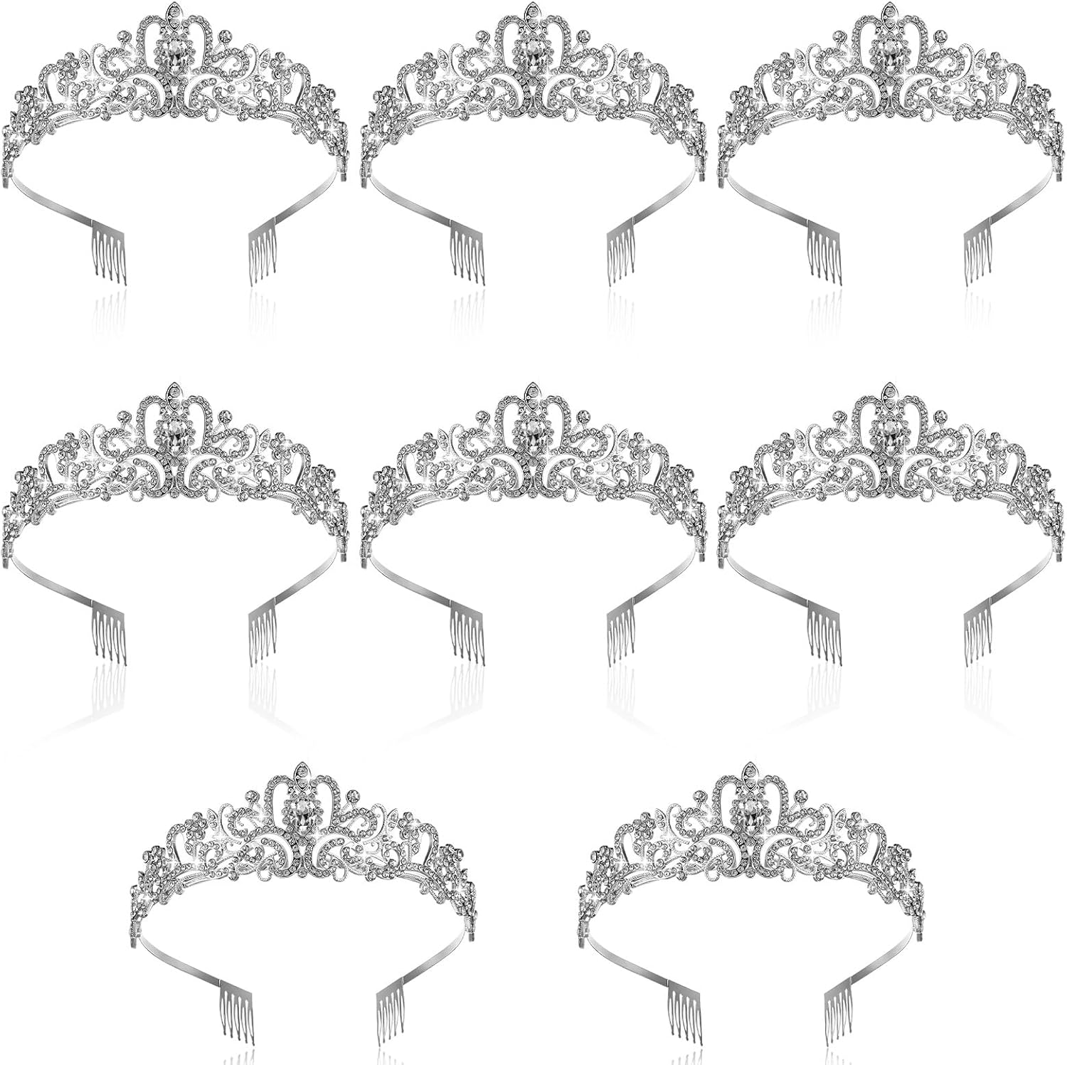8 Pcs Silver Crystal Princess Tiaras – Elegant Alloy Crowns with Combs for Wedding, Prom, Birthday & Cosplay