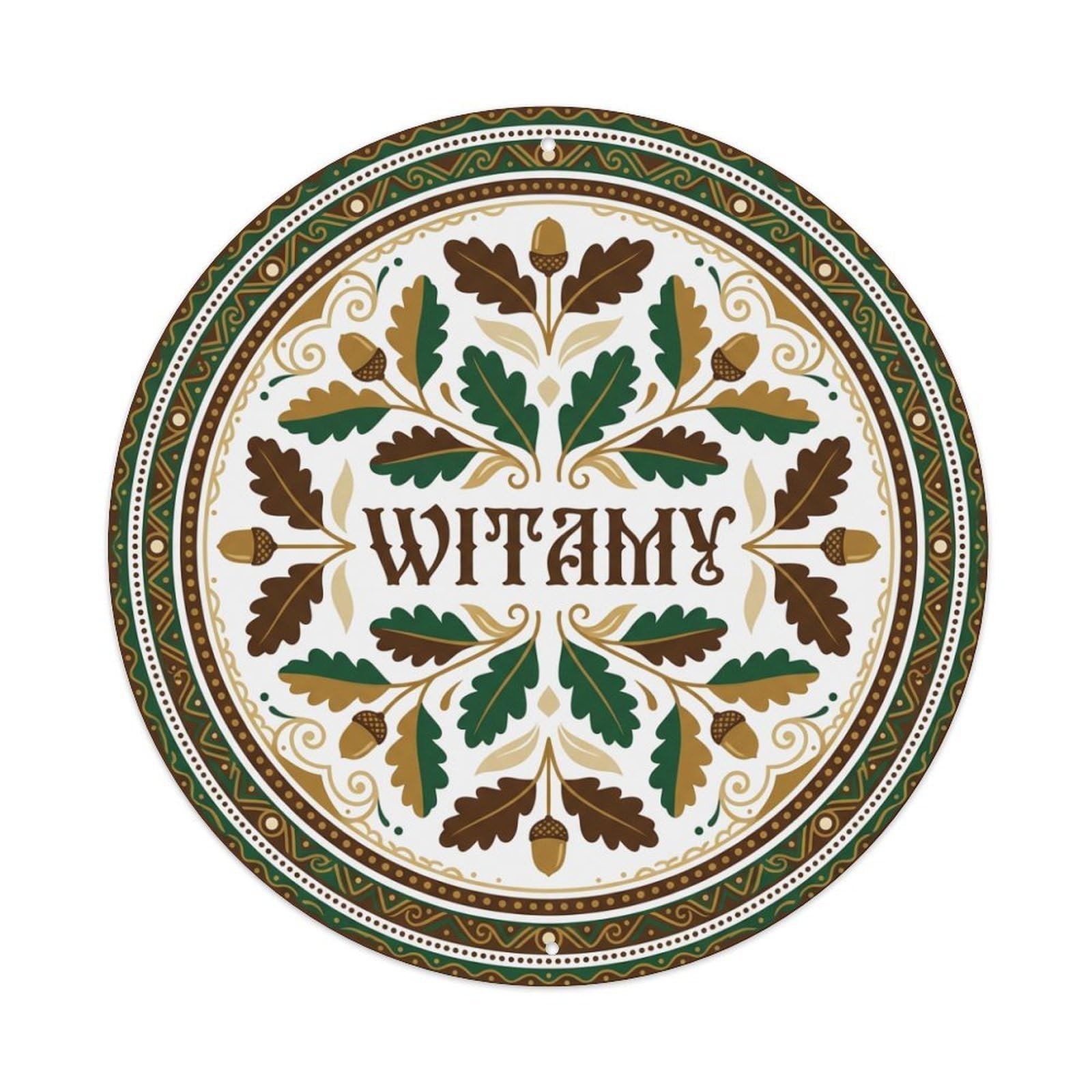 Fyrn Style Metal Tin Sign Vintage Polish Folk Art Witamy Welcome Oak Leaves