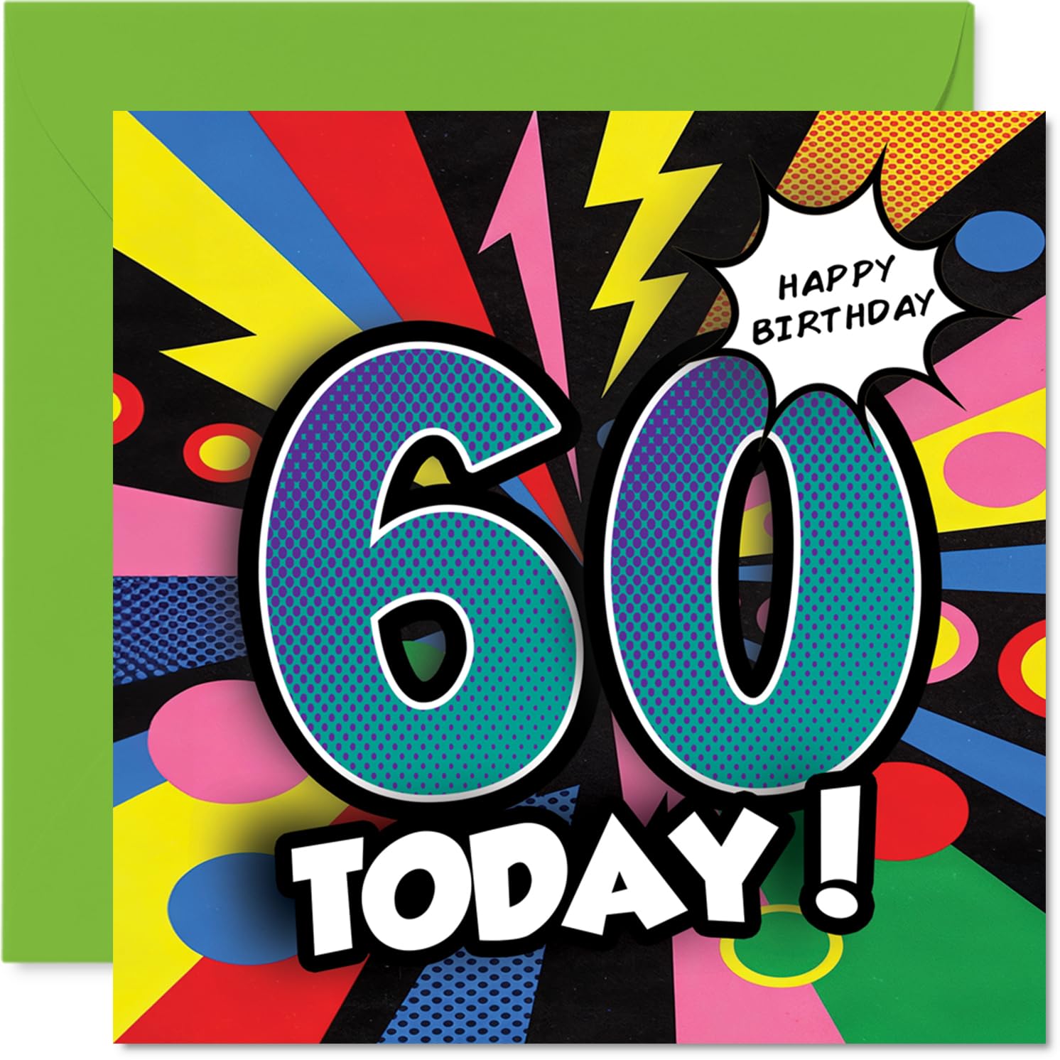 Celebratory 60th Birthday Card - Bursting with Colour and Comic Flair - Bold 60 TODAY Design for a Milestone Celebration - 145mm Square, Envelope Included