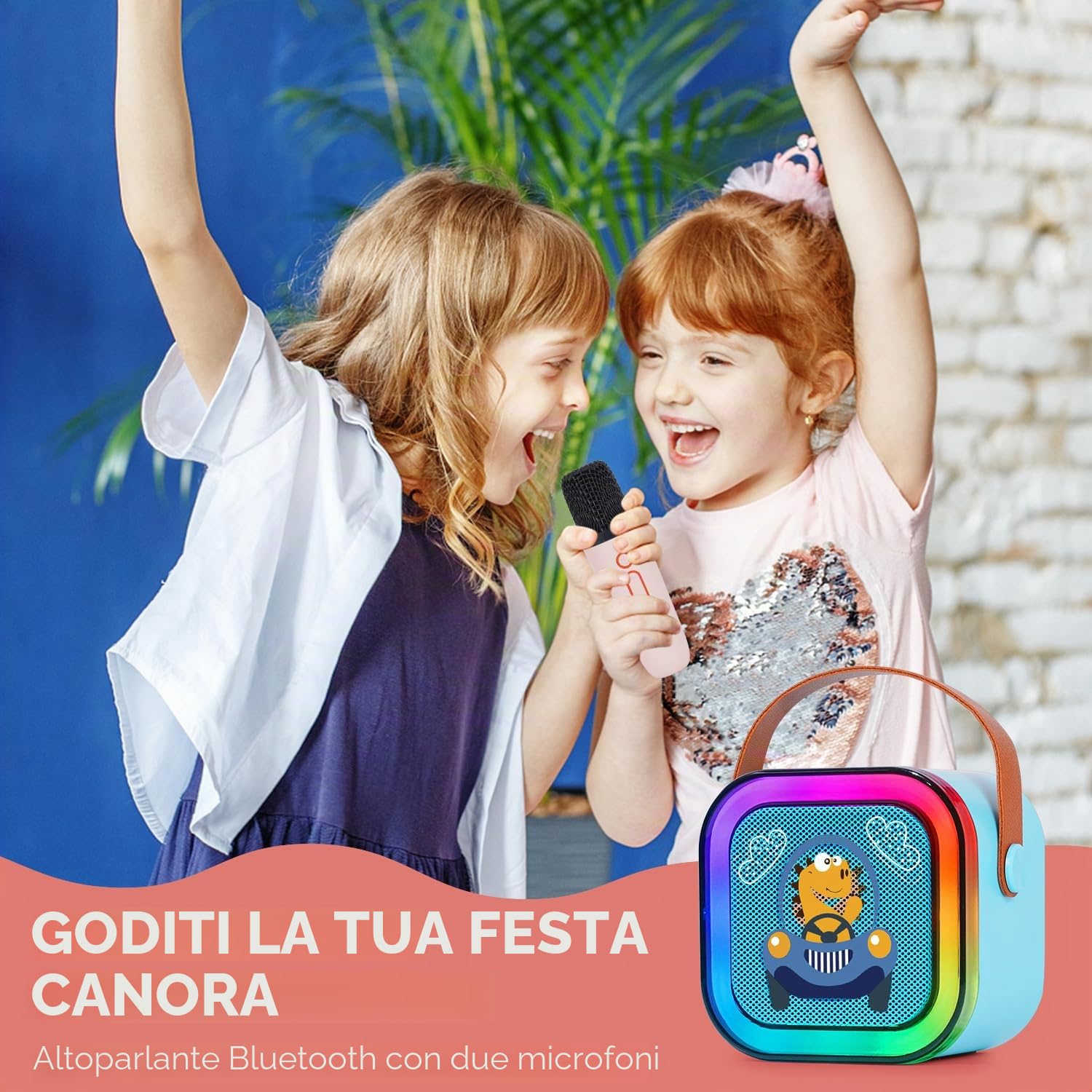 DYNASONIC A29. Karaoke con due microfoni. Altoparlante Bluetooth Karaoke per bambino Giochi elettronici per bambino da 3 a 15 anni (Dinosauro)