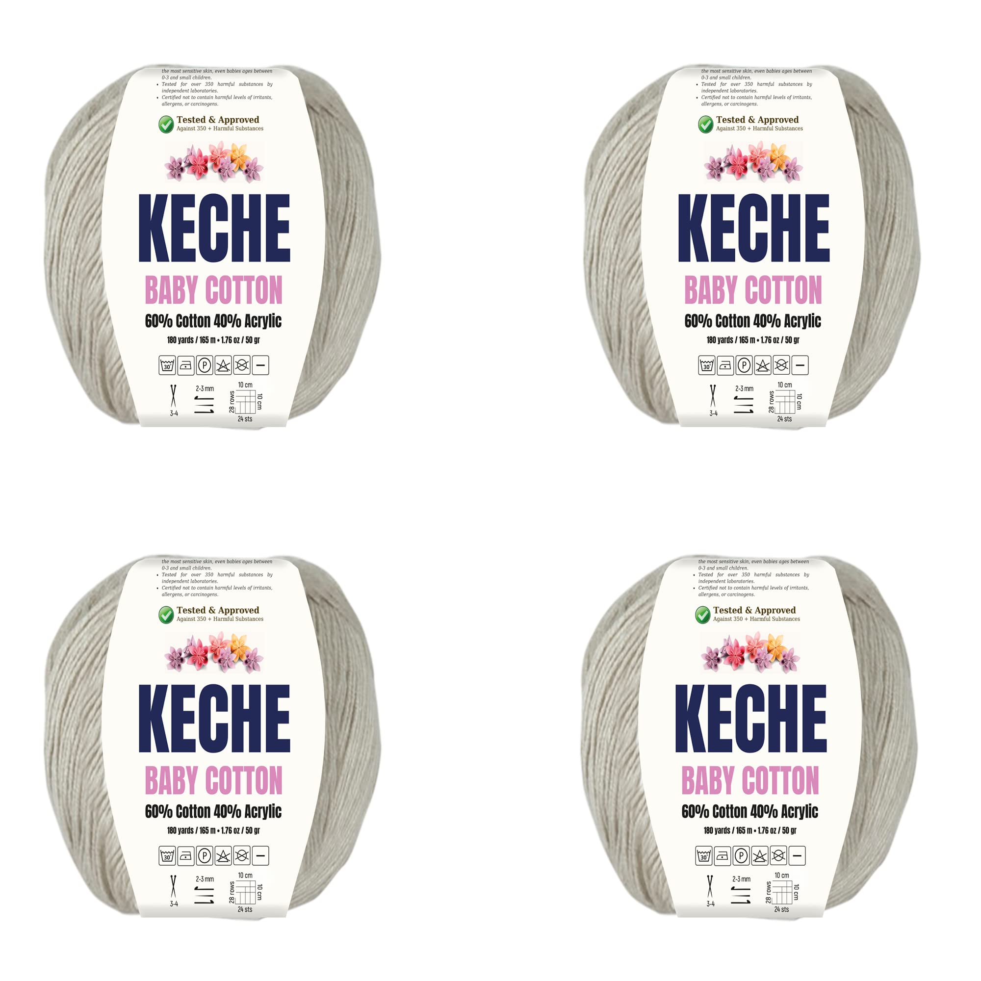KECHECotton Yarn, 60% Cotton 40% Acrylic Yarn, Soft Cotton Yarn for Crochet and Knitting, Amigurumi Yarn 4 Skeins/Balls [1.76 Oz (50g) / 180 Yrds (165m)] x 4 - Cream