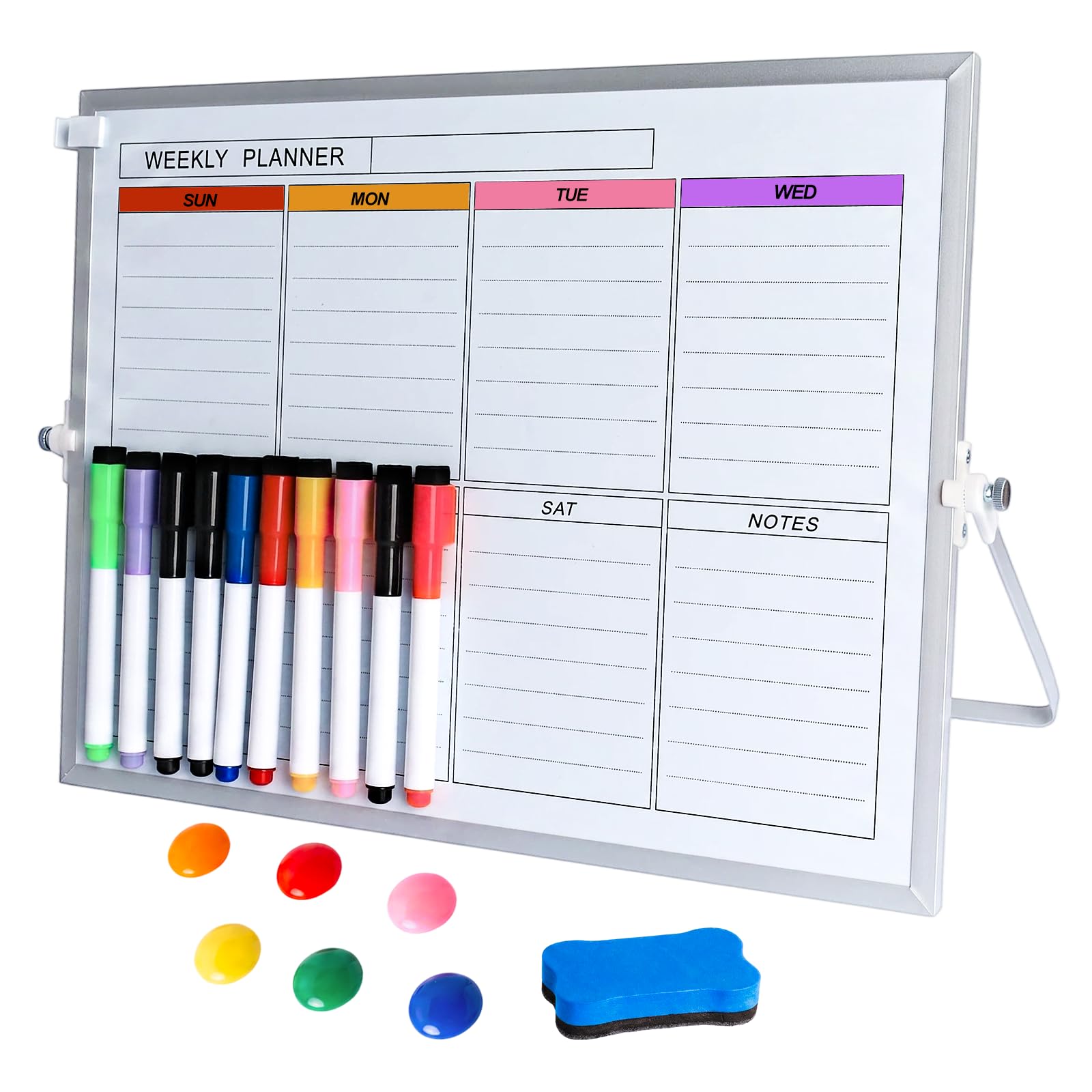 40x30cm Weekly Planner Whiteboard with Stand, Dry Erase A3 White Board Double-Sided Desk Whiteboard with 10 Markers 6 Magnets 1 Eraser for Planning Home Office School to Do List