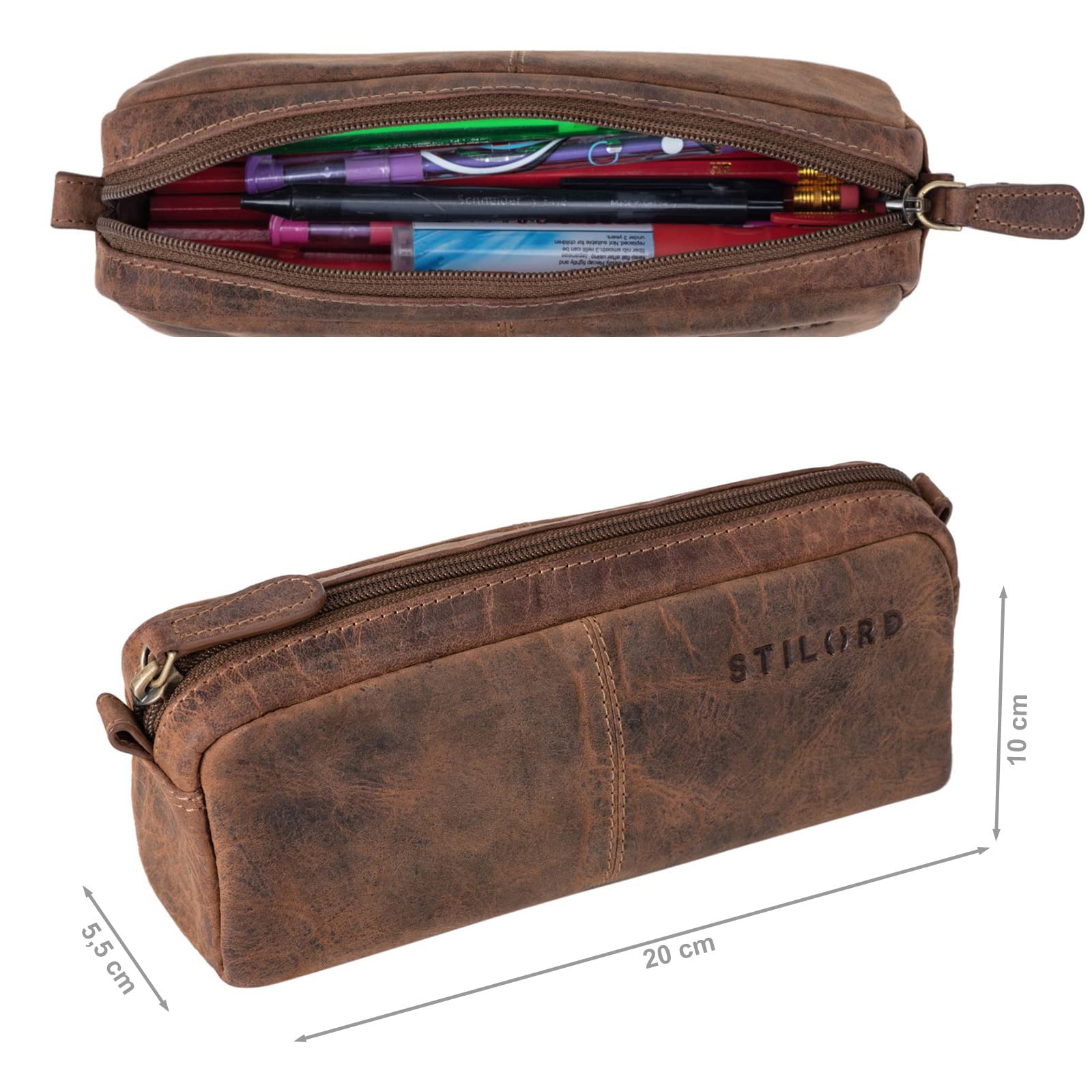 STILORD "Spencer" Vintage Leather Pencil Case - Zipper Pouch - Organizer Roll-Up Pouch - Pen Case Genuine Leather Colour:Calais - Brown - Image 3