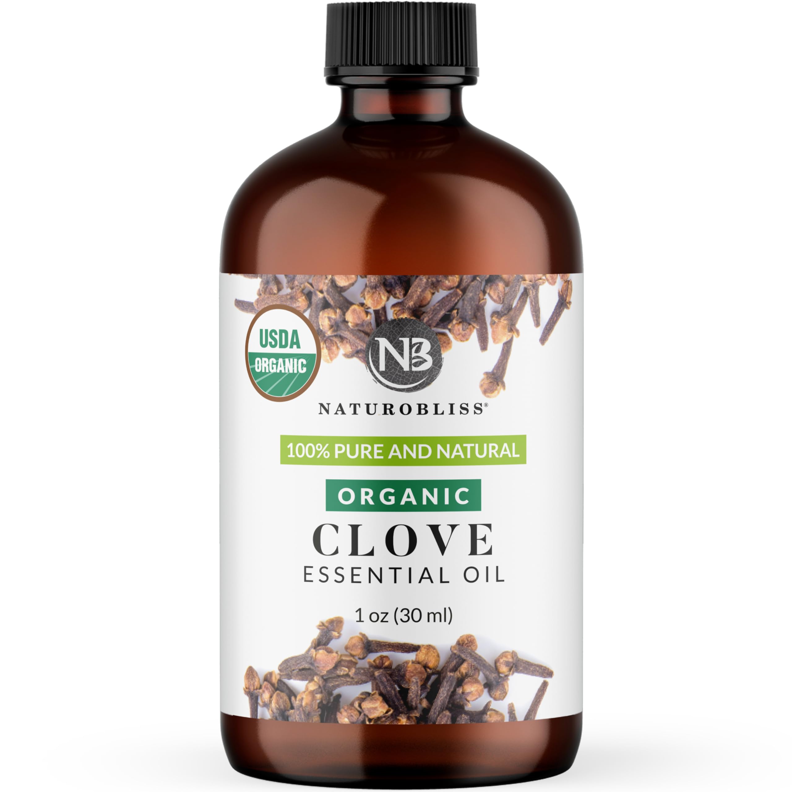 NaturoBliss Organic Clove Essential Oil 1 oz – 100% Pure, Natural, Undiluted for Toothache, Sore Muscles, Skin &amp; Hair Care - Soothing Clove Bud Oil for Aromatherapy, Warm Spicy Aroma