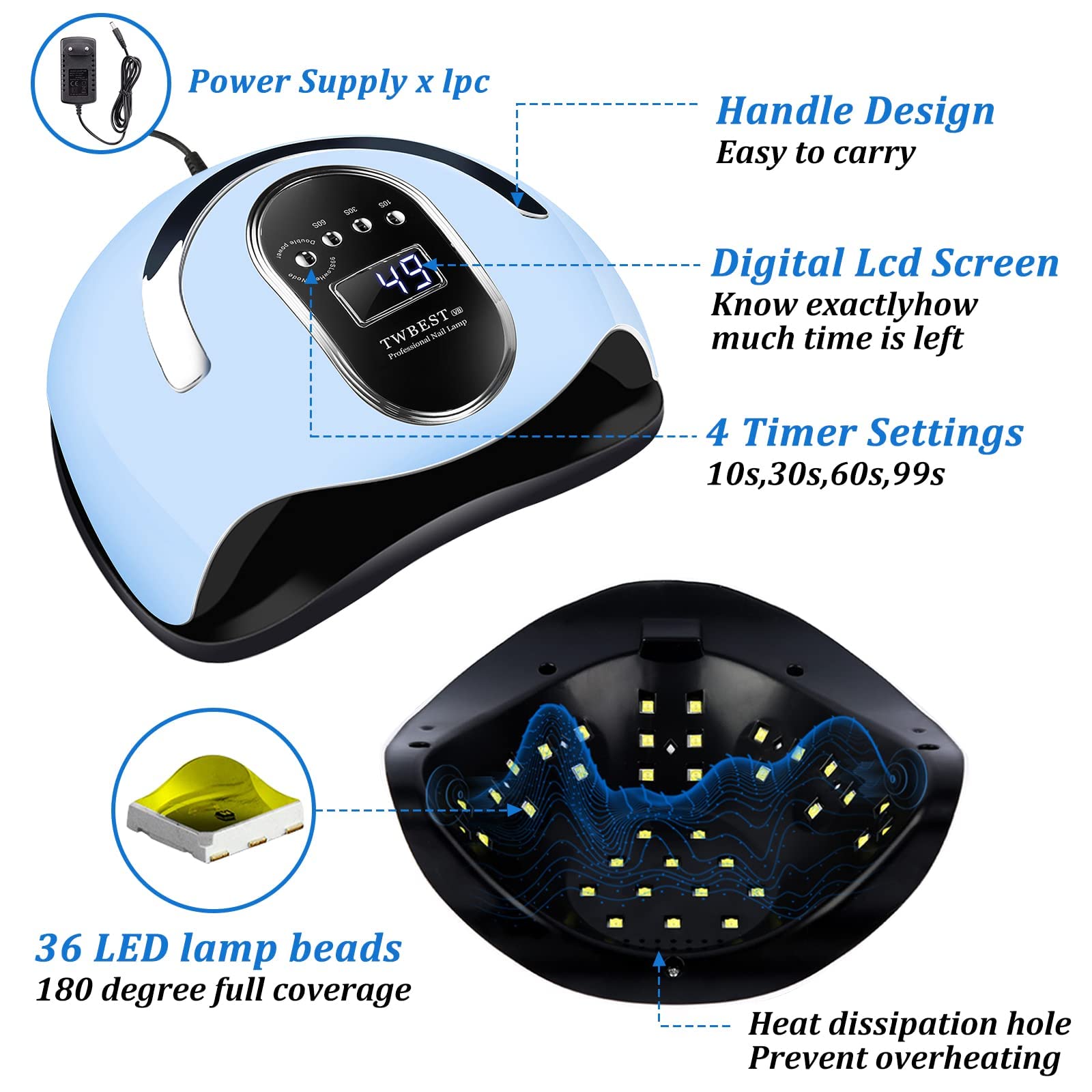 168W Lampe UV Sèche Ongles,UV LED Séchoir à Ongles Professionnel Automatique,10/30/60/99s,LCD Ecran,Capteur,Base Amovible,Portable Machine Ongle Gel Automatique pour Gel Vernis