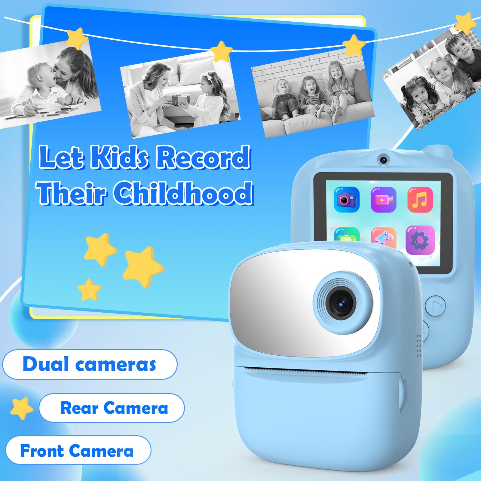 Nueva cámara para niños con impresión instantánea con espejo, cámara digital selfie de doble lente HD 1080P con 3 rollos de papel de impresión y tarjeta de 32 G, regalos de cumpleaños para