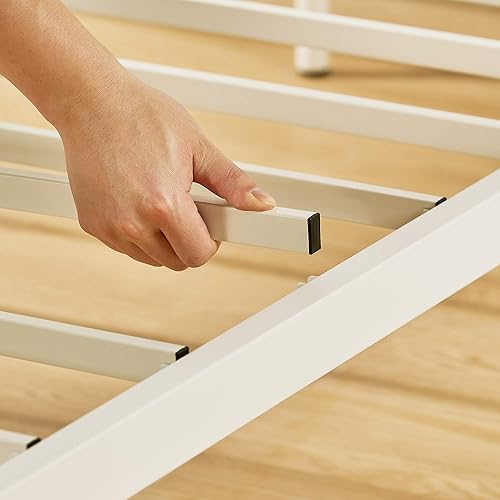 Miniatura 7 de Mellow Maggie - Cama de plataforma de metal con cabecera tapizada con cojín, listones de acero, fácil montaje, gris cielo, tamaño Queen Gris (Sky