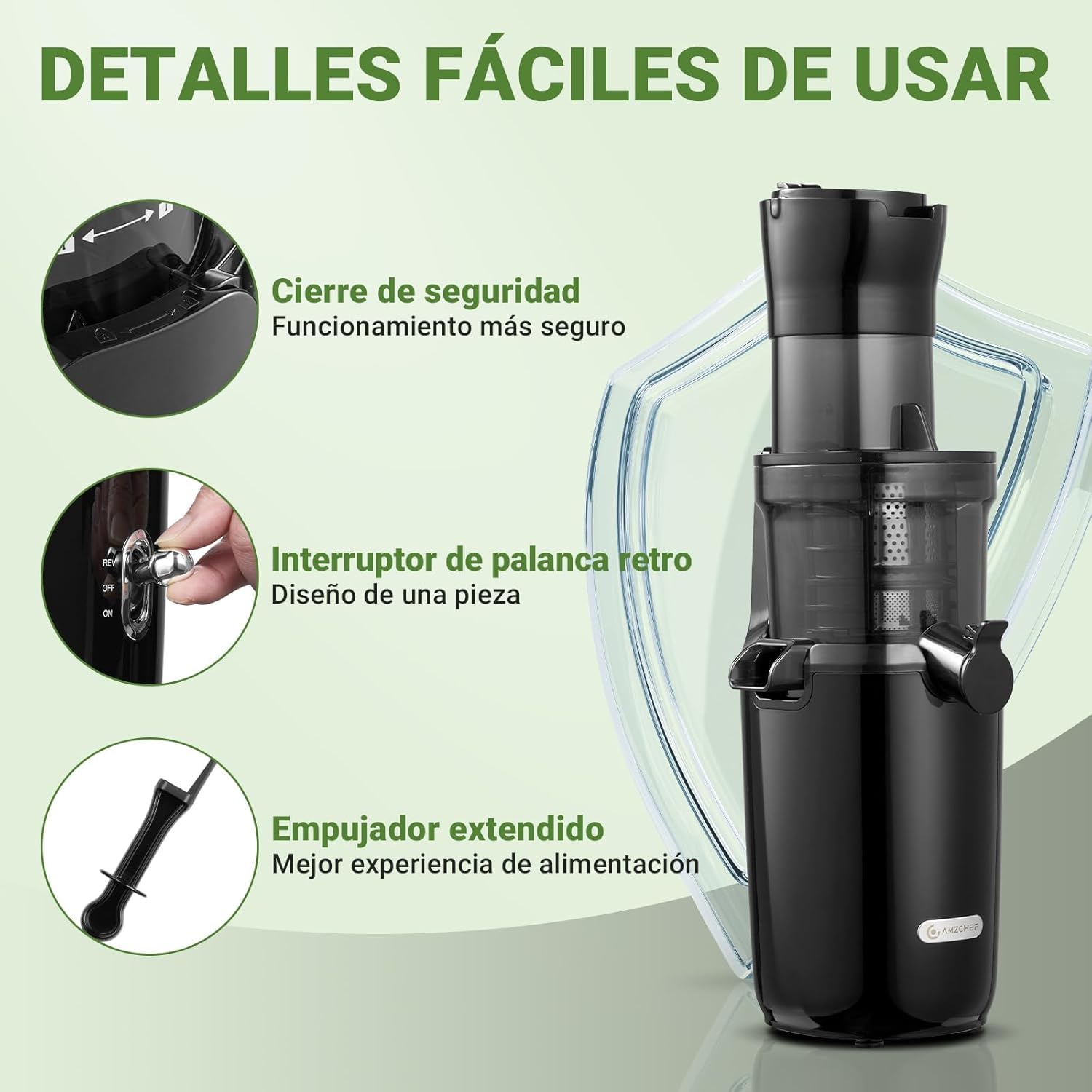 AMZCHEF Licuadora Para Verduras y Frutas Enteras - 200W Extractor De Zumos y Verdura - Licuadora Prensado En Frío Con La Mejora De Barrena, Filtro De Doble Capa, 2 Tazas, Motor Silencioso - Negro