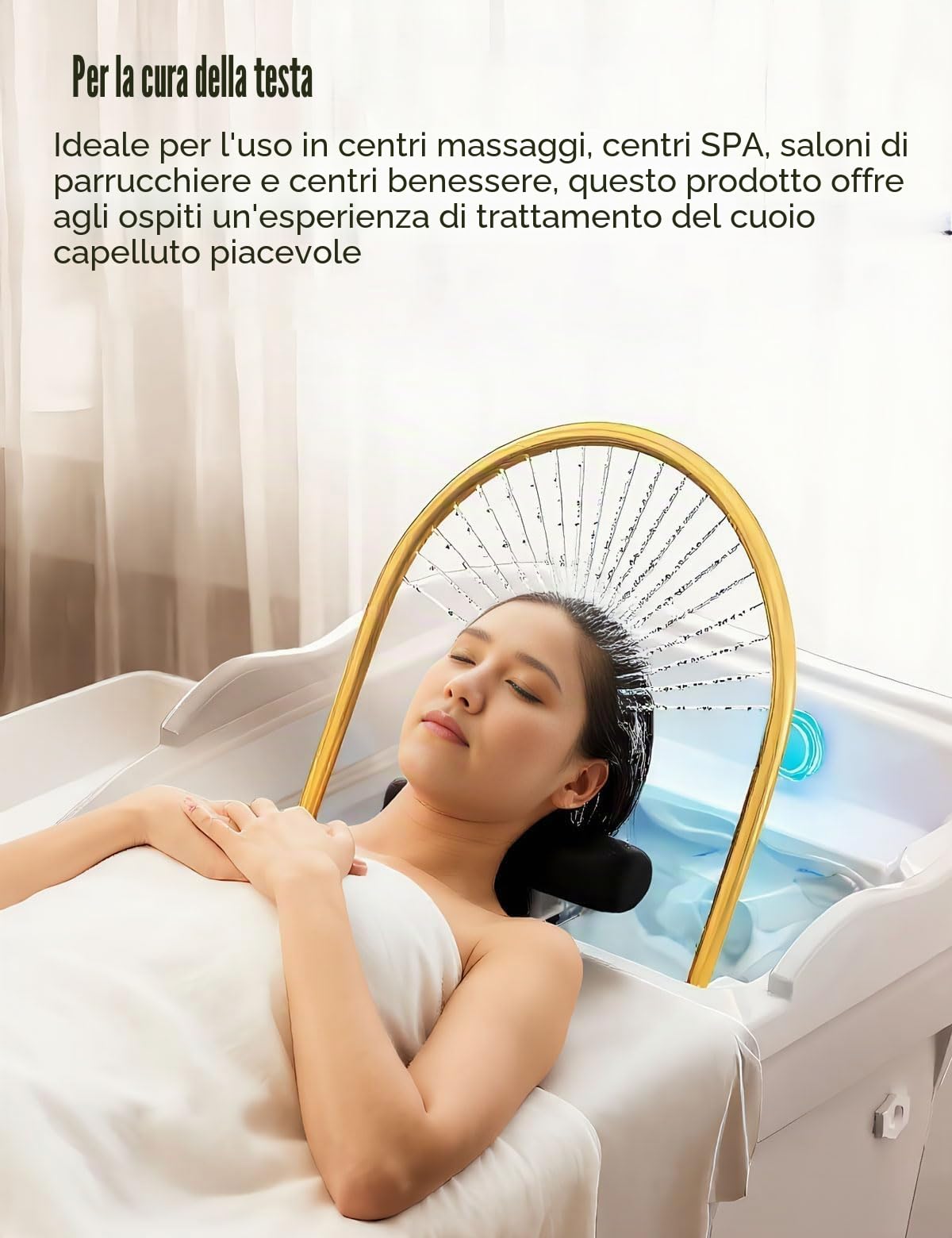 Head-spa dispositivo con cascata e massaggio idro-jet, vaschetta massaggiante professionale con cromoterapia a 7 colori, ideale per saloni, spa e casa (bianco)