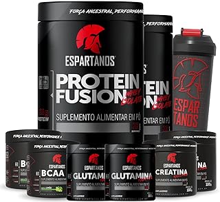 Kit 2x Whey Protein Fusion Chocolate e Morango 900g + 2x Bcaa + 2x Creatina + 2x Glutamina 100g + Coqueteleira 600ml - Espartanos