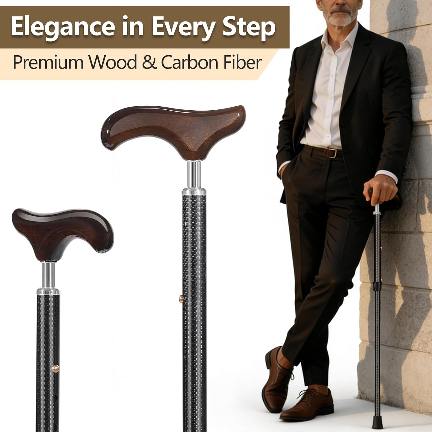 Wooden Handle Walking Cane - Carbon Fiber, Foldable and Adjustable, for Men and Women, Elderly and Seniors