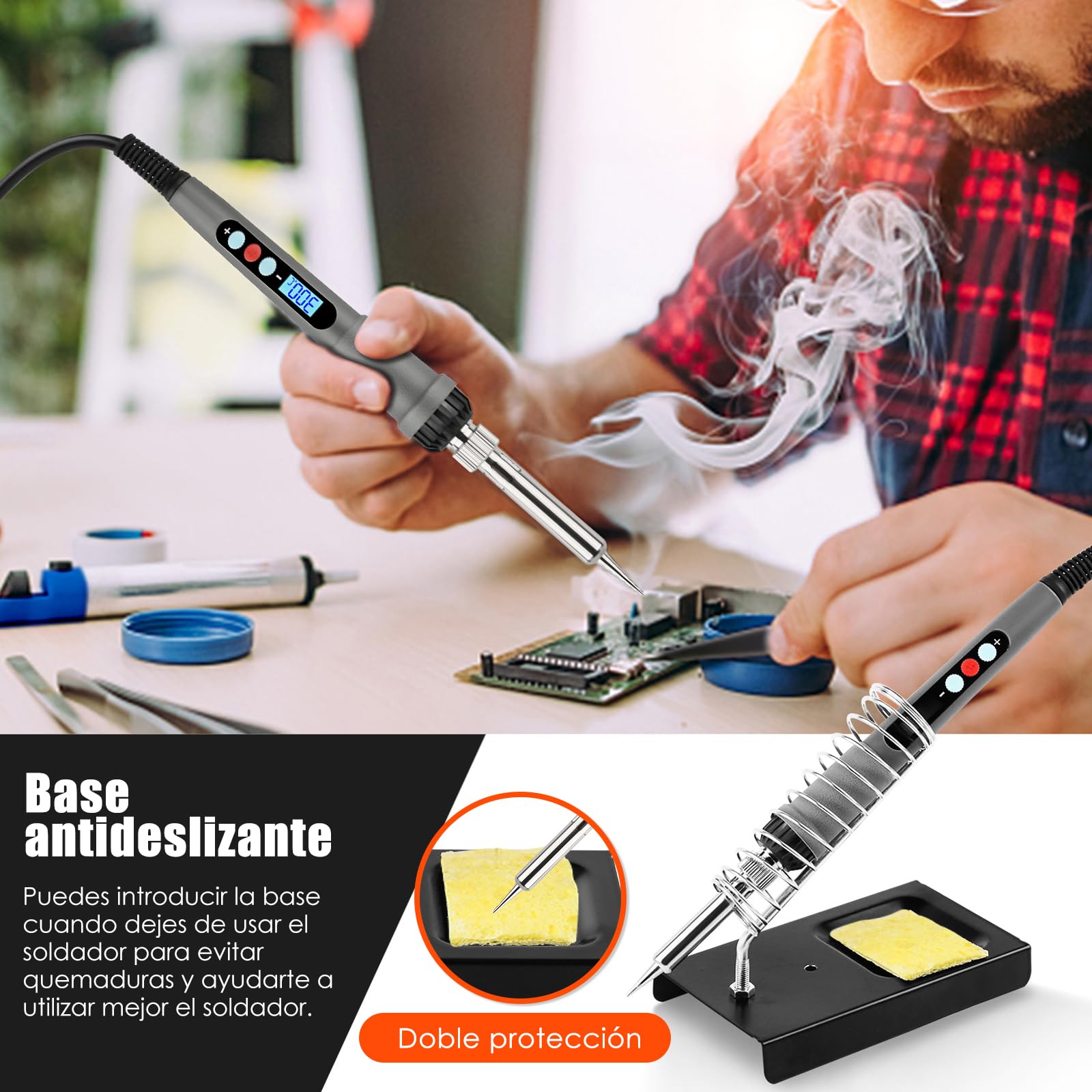 Soldador estaño, soldador,kit de Soldador 60W,temperatura ajustable 180-500℃,19 in 1 soldador estaño profesional, con multímetro digital,5 puntas de soldador, soporte para soldador, pinzas ect.