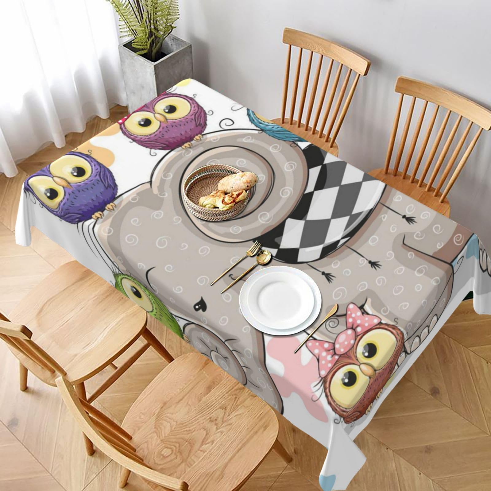 BNVSADC Cartoon Elephant and Owls Floral Printed Rectangle Tablecloth 228x152 CM, Water Resistant Polyester Table Cloth Decorative Fabric Table Covers for Kitchen Dining Table Parties Camping