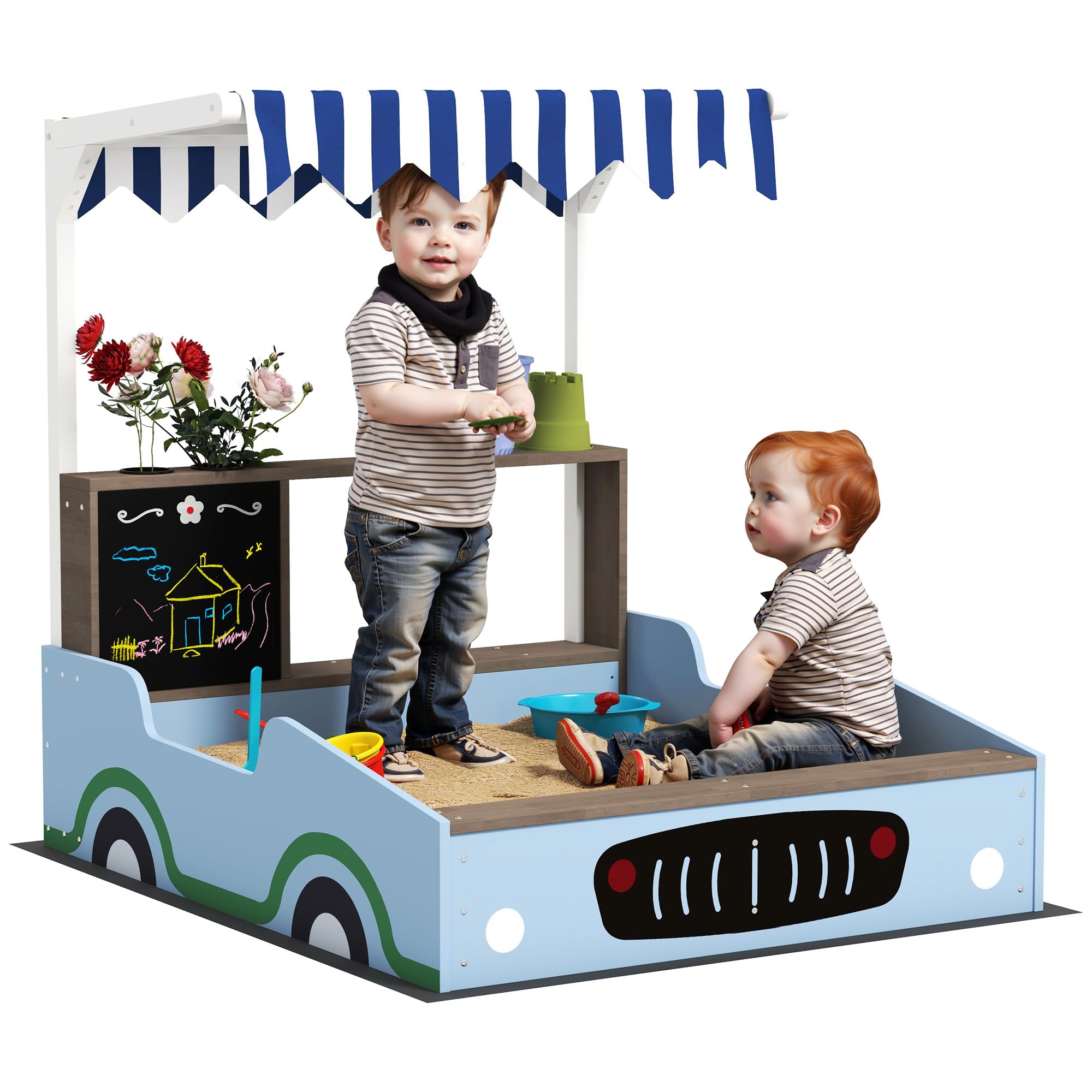 AIYAPLAY Sandkasten mit Abdeckung 90 x 120 cm aus Massivholz Imprägniert Kinder Sandbox mit Sitzbänken Zeichentafel, Pflanzkästen, Matschküche, Sandkiste für Outdoor Balkon Garten