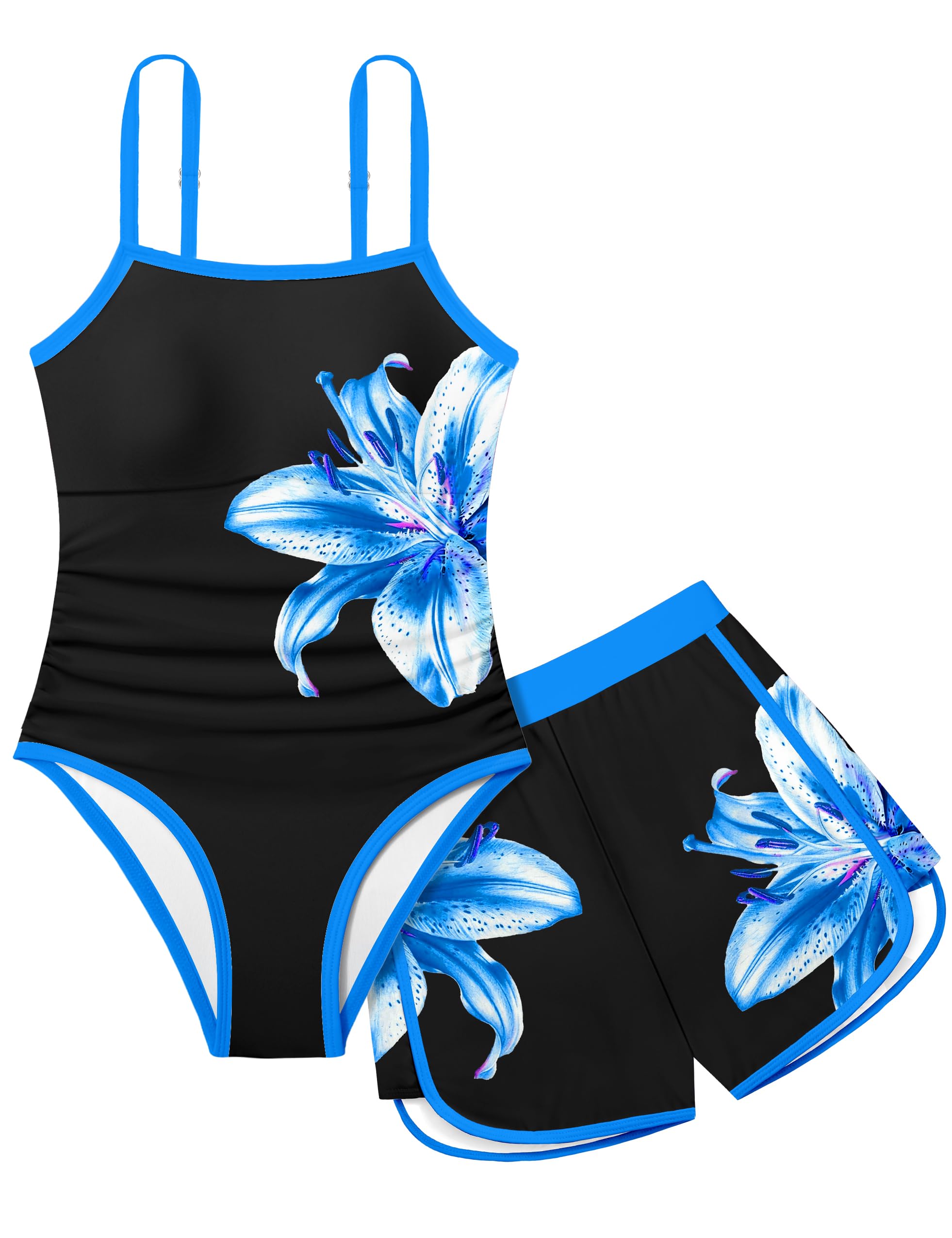 Photo 1 of TyeSmo Girls One-Piece Swimsuit - Black + Blue Floral, Size 10-12