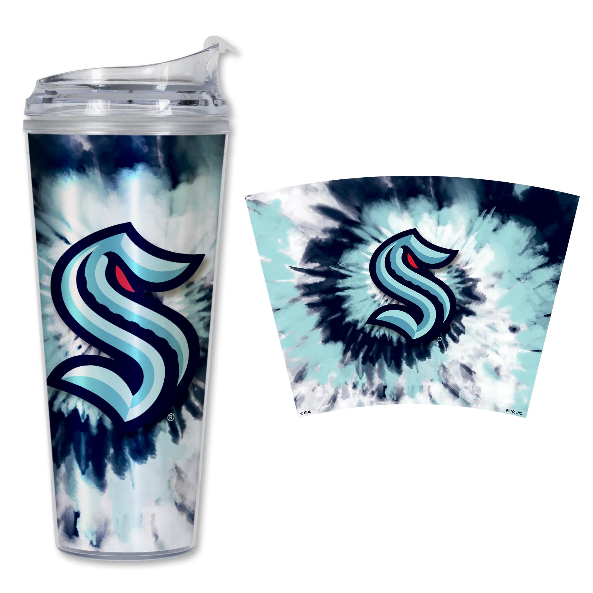 Rico Industries NHL Hockey Team Color Tie Dye 24oz Metallic Acrylic Tumbler with Hinged Lid, Officially Licensed Double Wall Tumbler with Straw