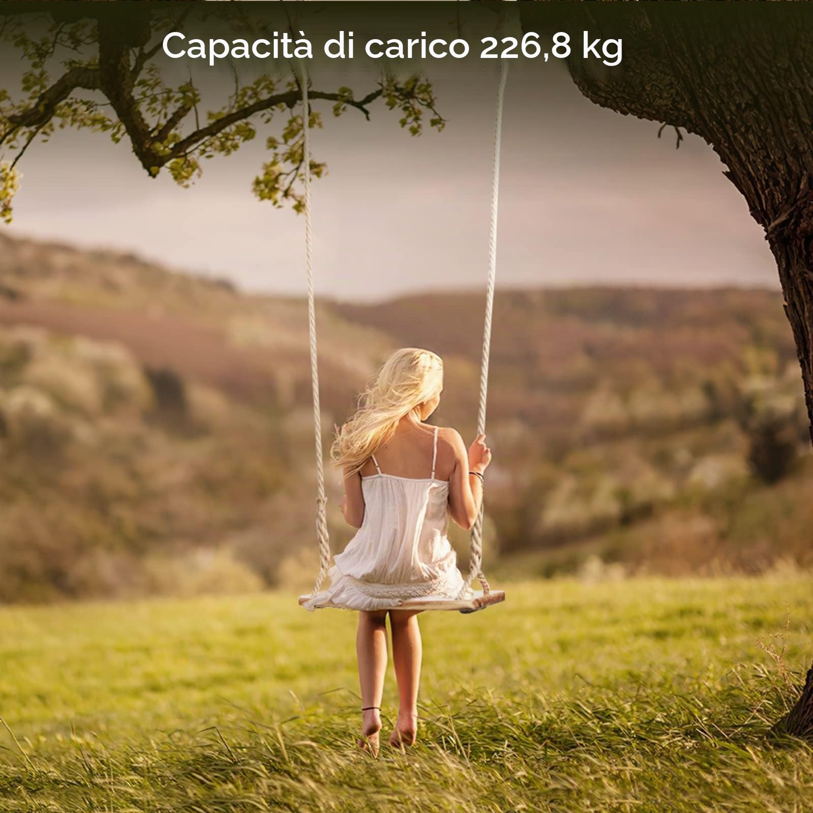 Altalena in legno per albero, capacità di carico 227 kg, altalena in legno per adulti e bambini, altezza regolabile, altalena sospesa impermeabile per interni, esterni, cortile, giardino, parco giochi