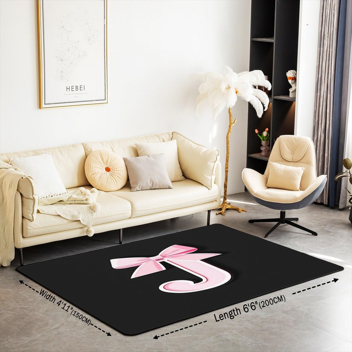 jejeloiu Kids Girls Black Pink Bow Living Room Rugs for Bedroom Area Rug 3x5 Monogrammed Decor Carpet Soft Shaggy Absorben Personalized Initial J Indoor Floor Mat Modern Fashion Bowknot Non-Slip