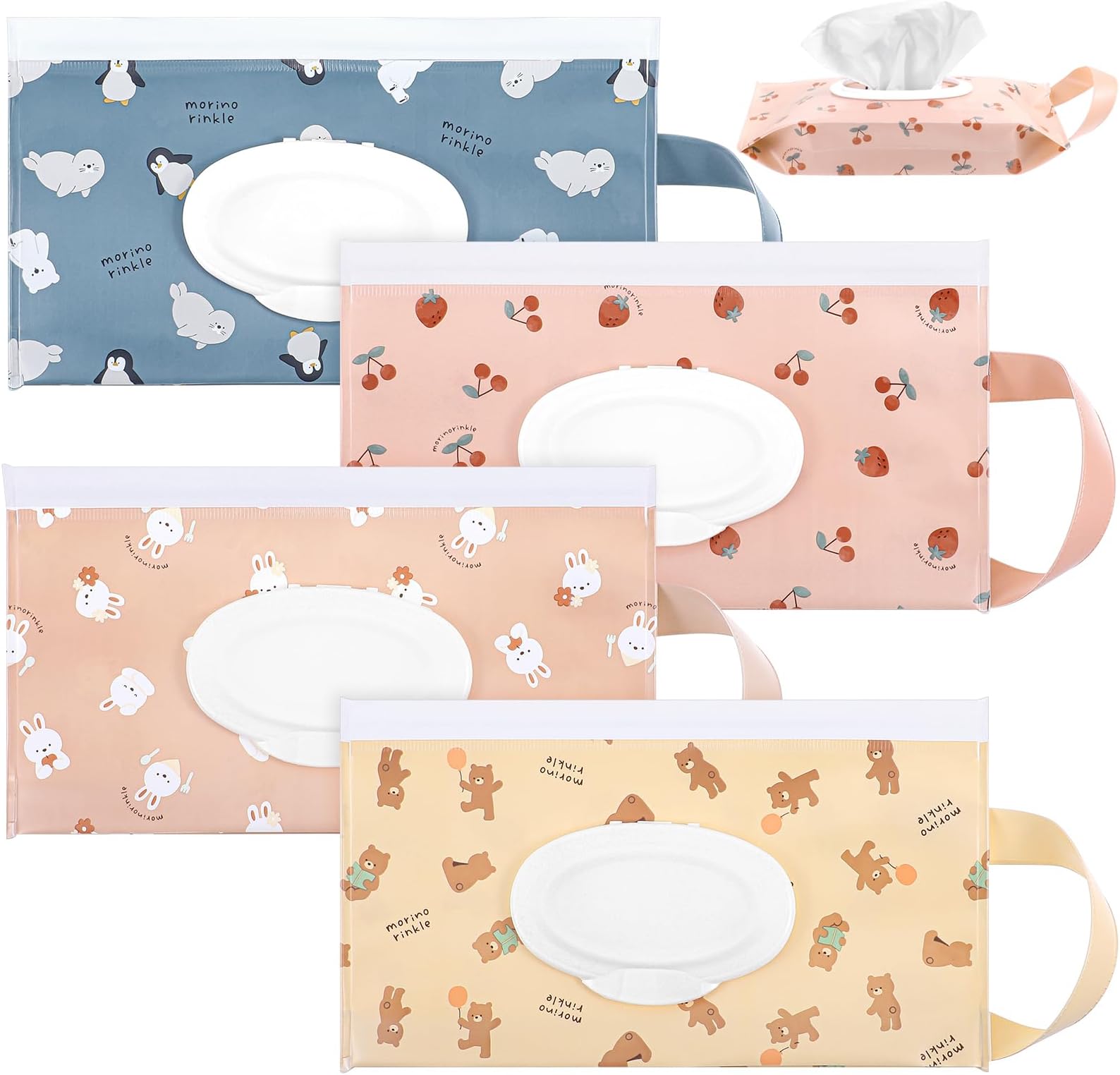 Yolev 4Pcs Baby Wipes Dispenser 24 * 13.5cm Portable Wipe Holder Wipes Container with Lanyard Reusable Wet Wipe Pouch Refillable Travel Baby Tissue Box for Daily Outings and Travel (Cute Pattern)