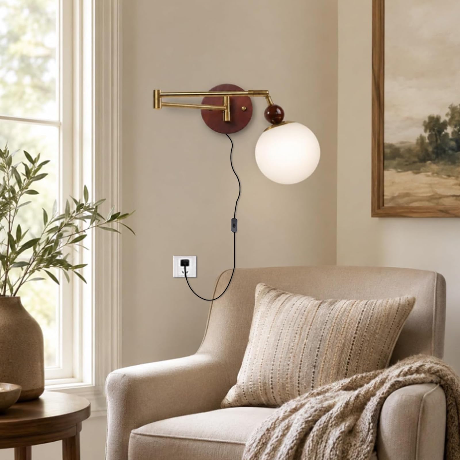 Lampa ścienna z wtyczką i przełącznikiem, styl vintage, E27, oświetlenie ścienne, wychylne ramię wysuwane, składana, lampa ścienna do salonu, sypialni, stolika nocnego korytarza (naturalne