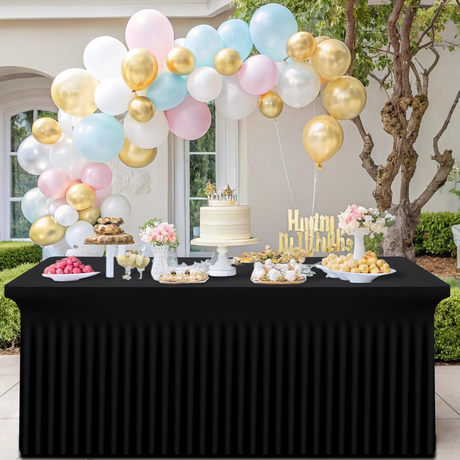 Smiry Spandex Tablecloth, Elastic Fitted Stretch Tablecloth for 8FT Rectangle Tables, Waterproof Washable Table Cover Skirt for Outdoor, Wedding, Banquet & Parties (Black, 96Lx30Wx30H Inch)