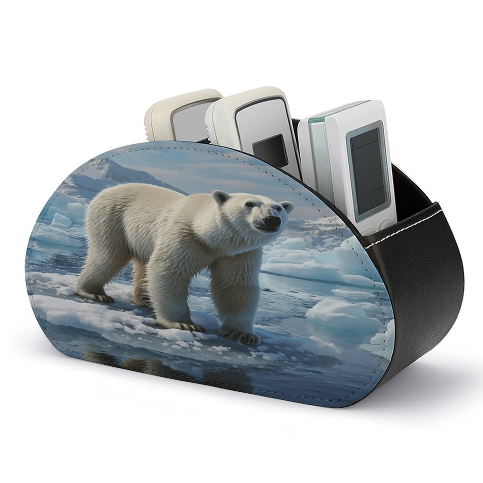 VstaDank Polar Bear Ice Remote Control Holder Farmhouse TV Media Remote Storage Box with 5 Compartments PU Leather Remote Caddy Desktop Organizer for Home Bedside Table Organizer